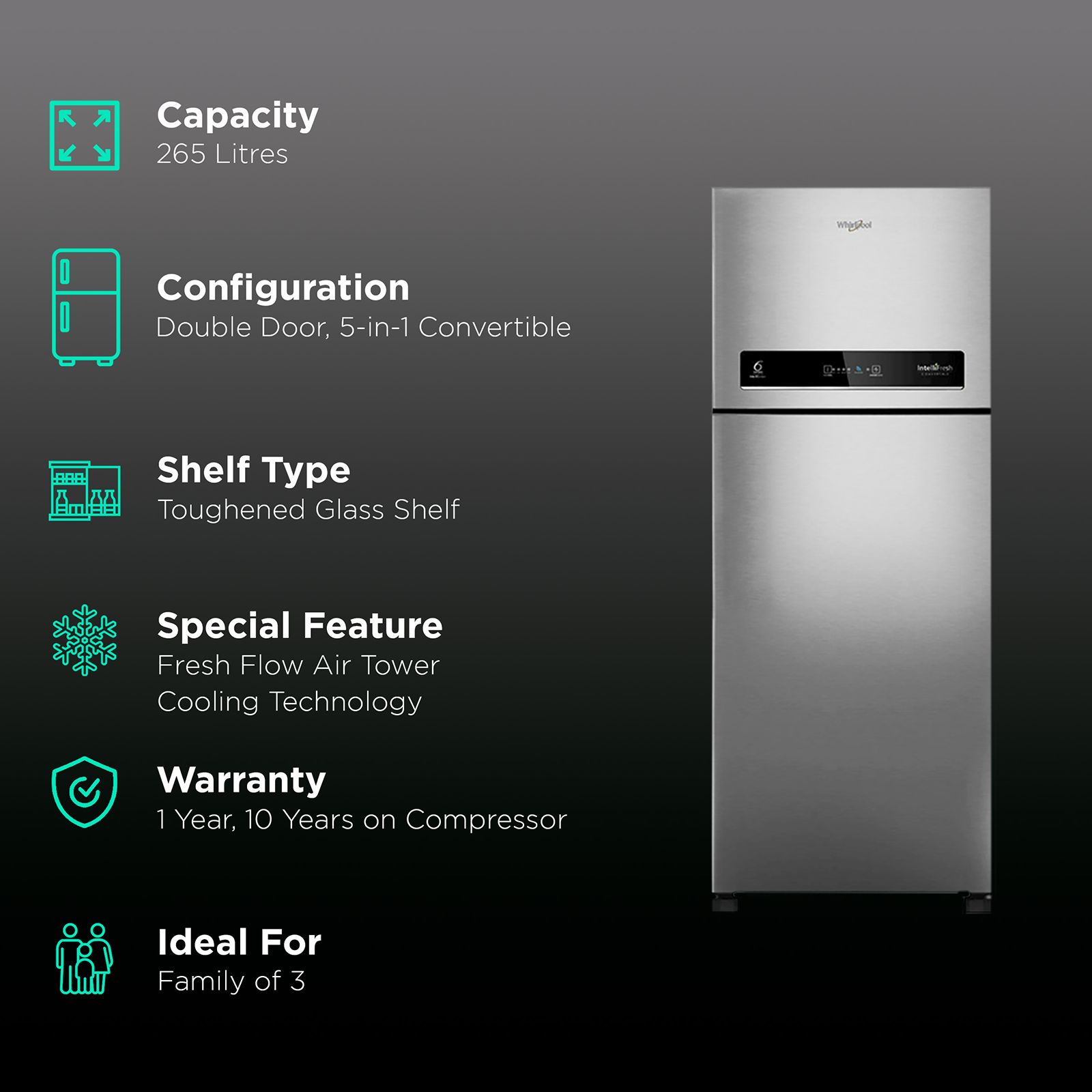 Whirlpool 265 Litres 2 Star Frost Free Double Door Convertible Refrigerator with Adaptive Intelligence Technology (IF CNV 278, German Steel) Whirlpool 265 Litres 2 Star Frost Free Double Door Convertible Refrigerator with Adaptive Intelligence Technology (IF CNV 278, German Steel)_2