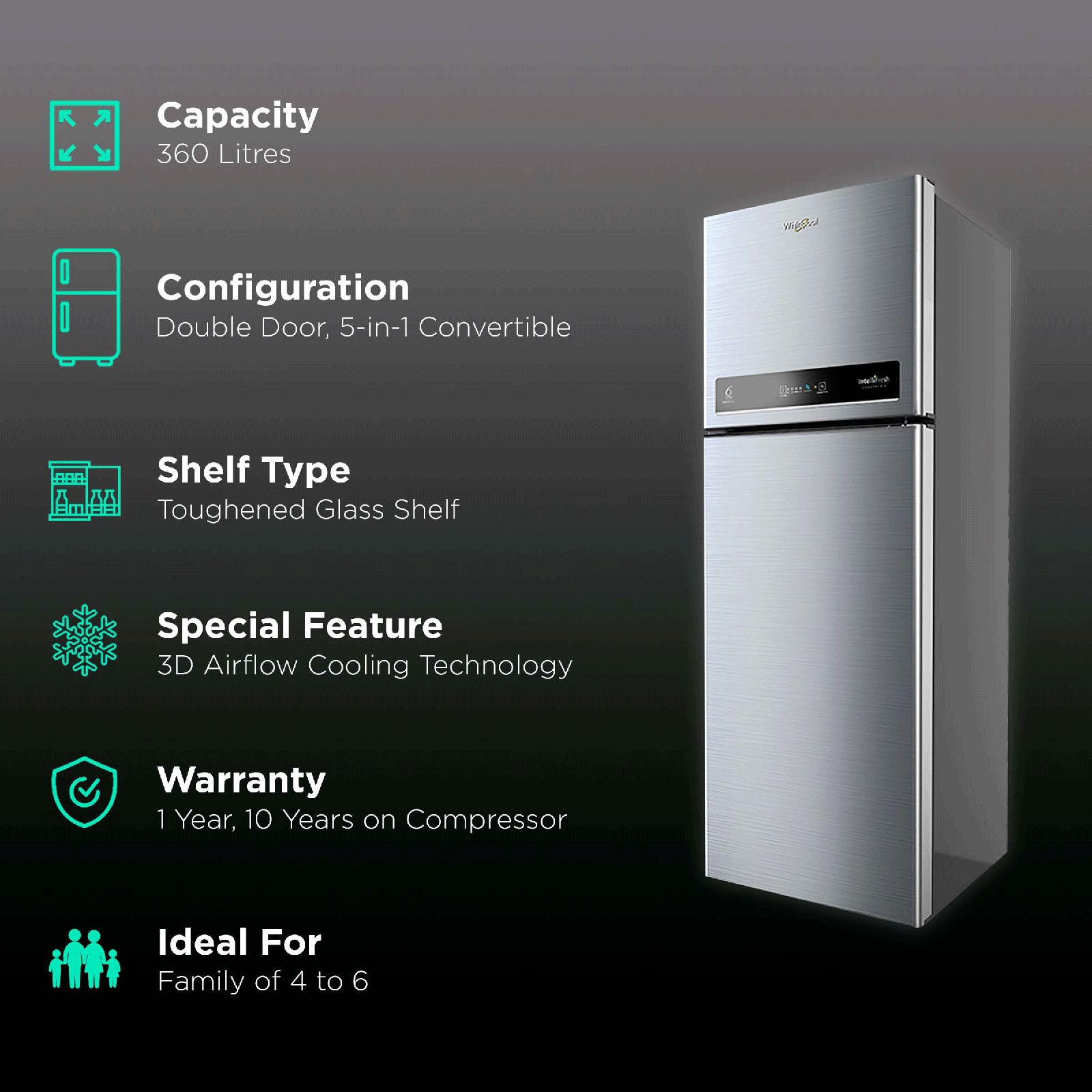Whirlpool Intellifresh 360 Litres 3 Star Frost Free Double Door Convertible Refrigerator with AI Technology (IF INV CNV 375 COO, Cool Illusia) Whirlpool Intellifresh 360 Litres 3 Star Frost Free Double Door Convertible Refrigerator with AI Technology (IF INV CNV 375 COO, Cool Illusia)_2