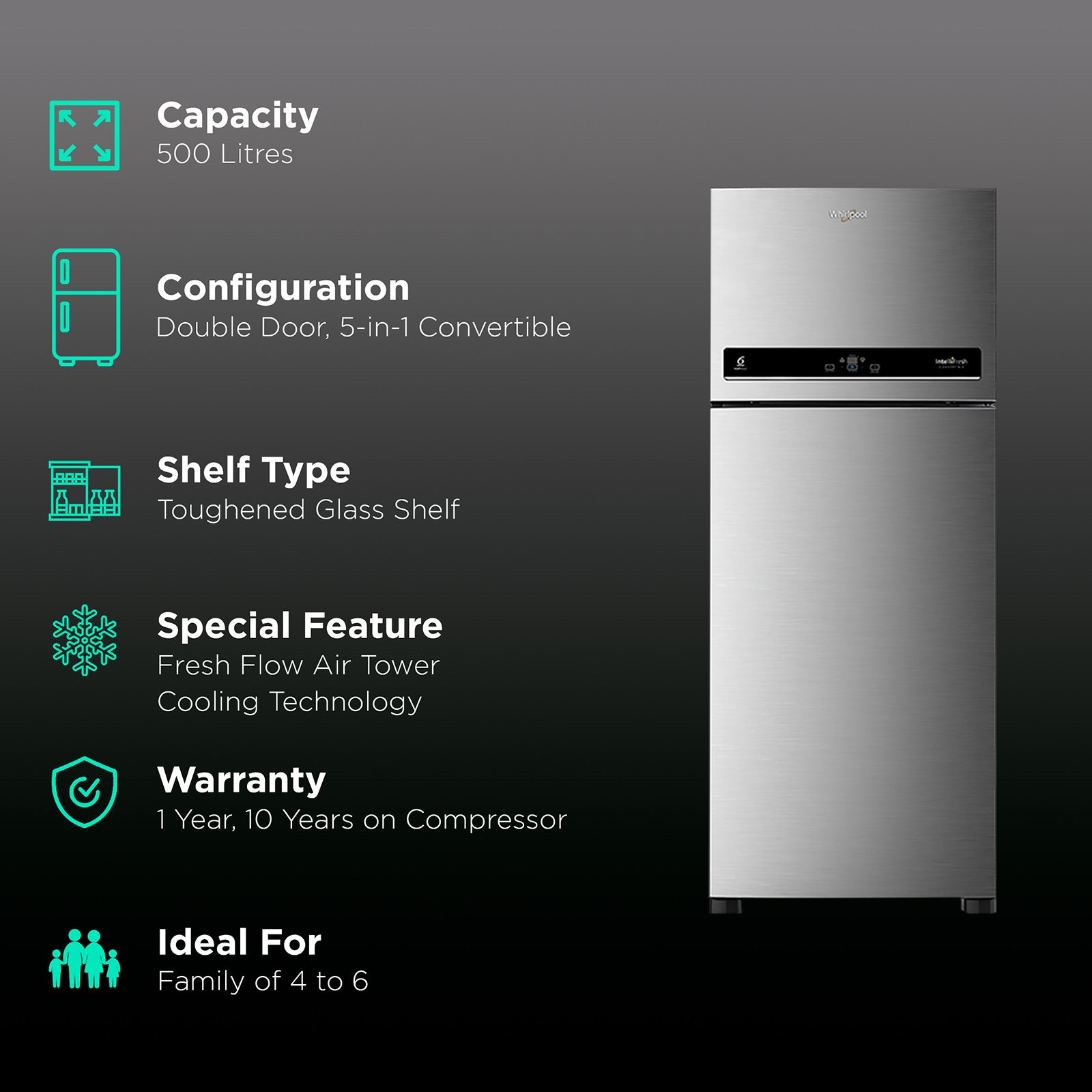 Whirlpool Intellifresh 500 Litres 3 Star Frost Free Double Door Convertible Refrigerator with AI Technology (IF INV CNV 515, Alpha Steel) Whirlpool Intellifresh 500 Litres 3 Star Frost Free Double Door Convertible Refrigerator with AI Technology (IF INV CNV 515, Alpha Steel)_2