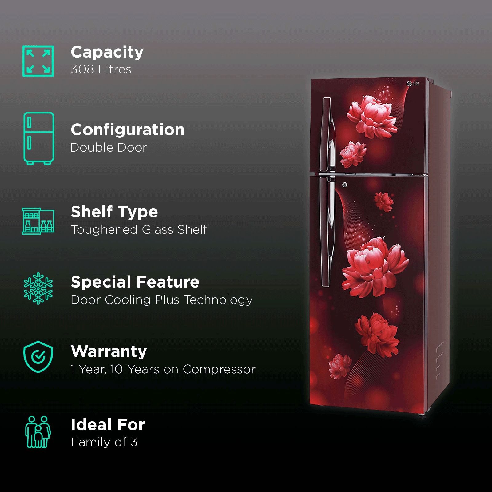 LG 288 Litres 2 Star Frost Free Double Door Convertible Refrigerator with Multi Air Flow System (GL-T322RSCY.ASCZEB, Scarlet Charm)_2