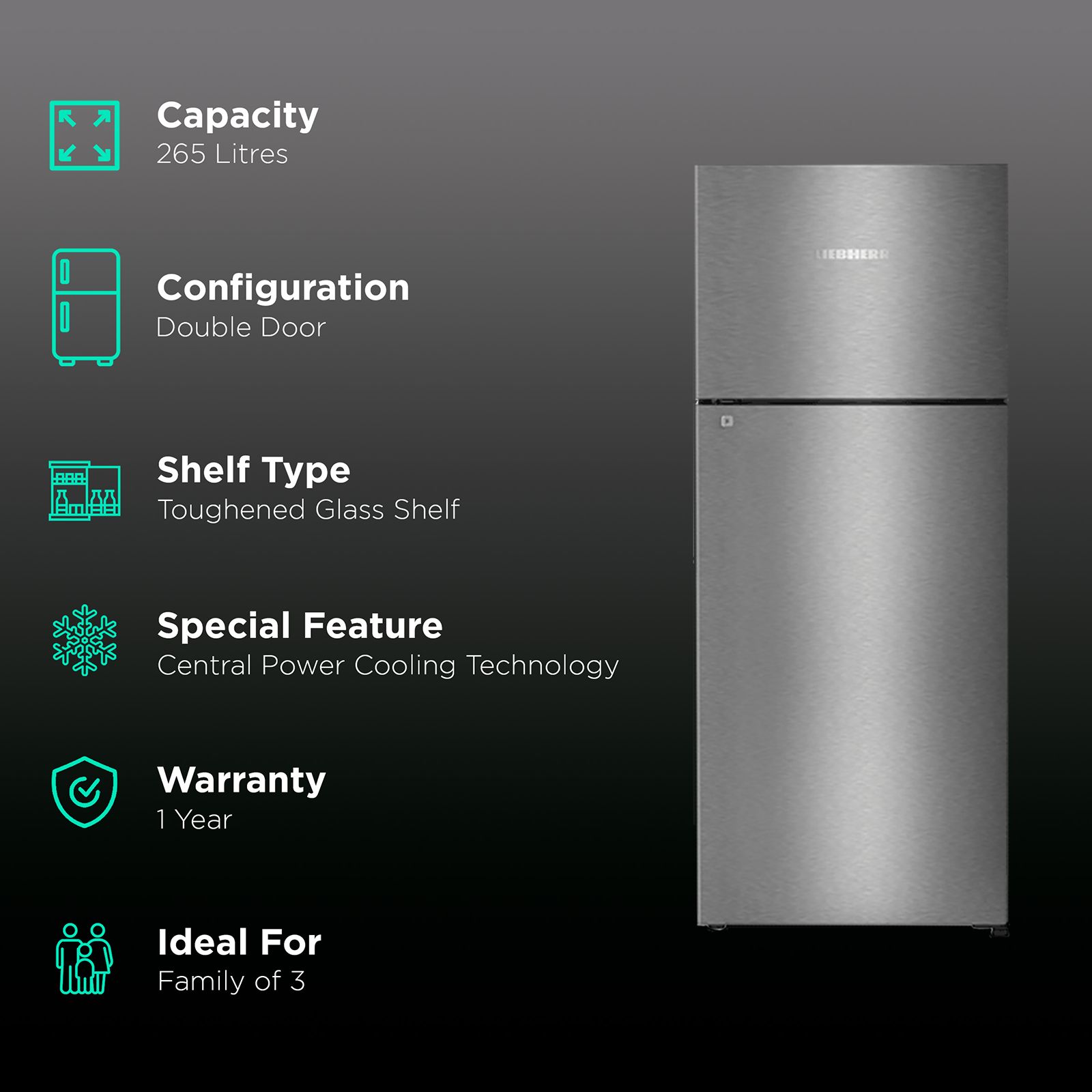 LIEBHERR 265 Litres 2 Star Frost Free Double Door Refrigerator with Central Power Cooling (TCGS 2610, Grey Steel) LIEBHERR 265 Litres 2 Star Frost Free Double Door Refrigerator with Central Power Cooling (TCGS 2610, Grey Steel)_2