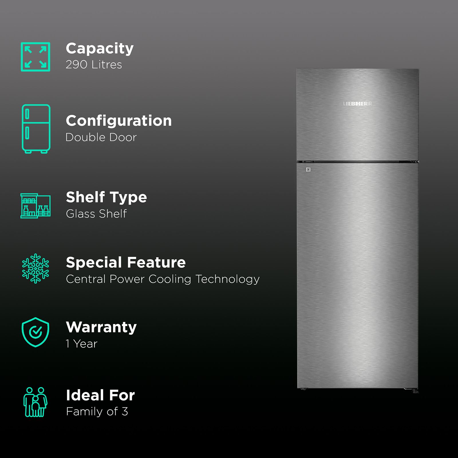 LIEBHERR 290 Litres 2 Star Frost Free Double Door Refrigerator with Forced Air Cooling (TCGS 2910 Comfort, Grey Steel)_2