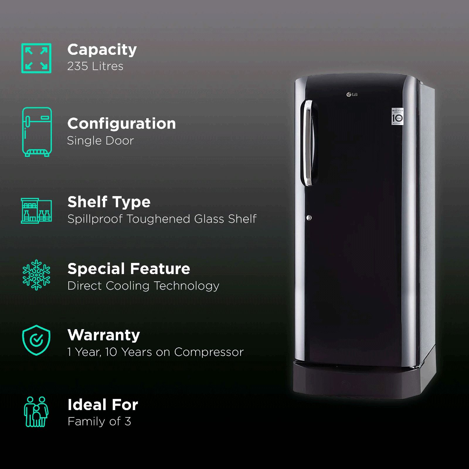 LG 235 Litres 4 Star Direct Cool Single Door Refrigerator with Stabilizer Free Operation (GL-D241AESY.DESZEB, Ebony Sheen)_2