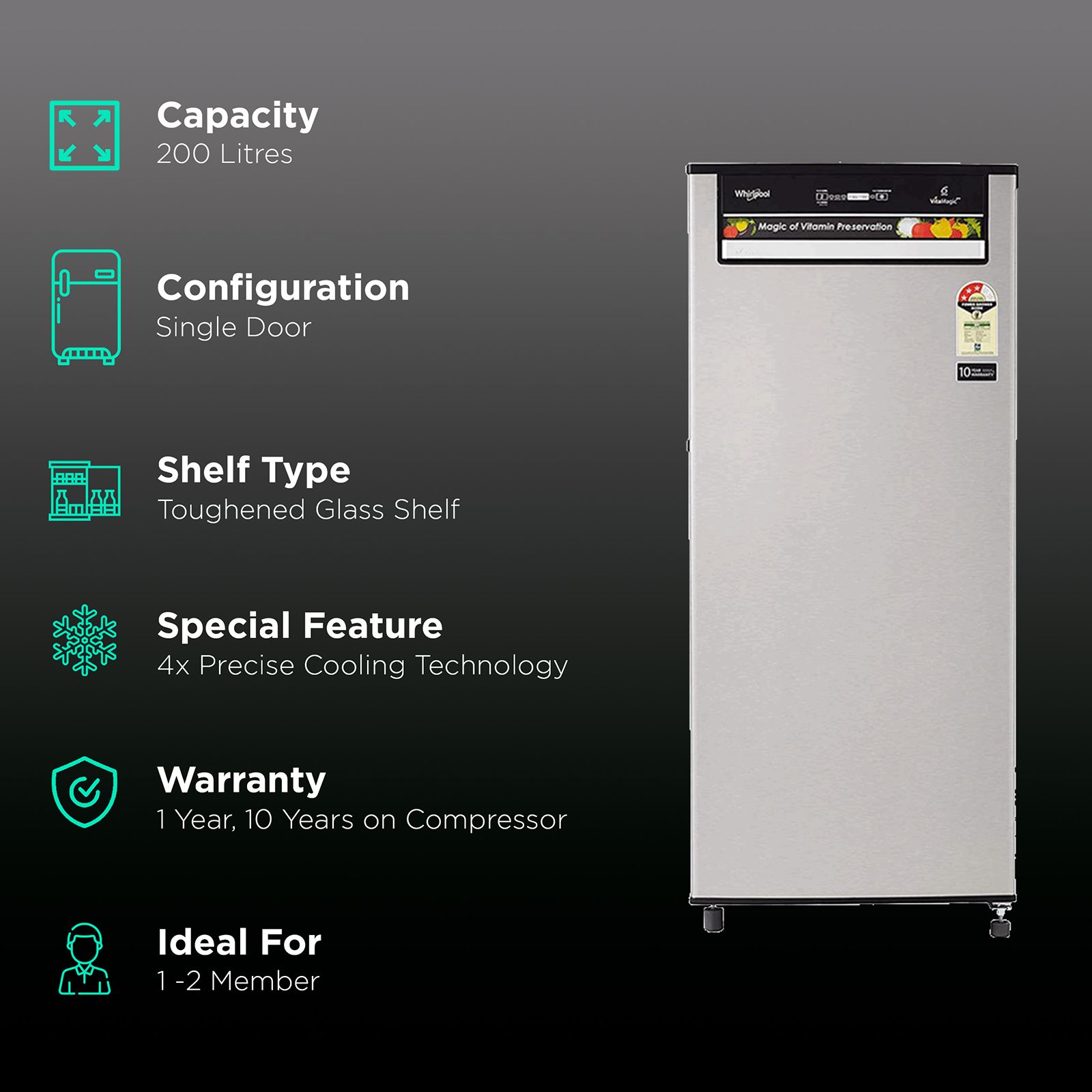 Whirlpool Vitamagic Pro 200 Litres 3 Star Direct Cool Single Door Refrigerator with 6th Sense Intellifrost Technology (215 INV VMPRO PRM, Alpha Steel)_2