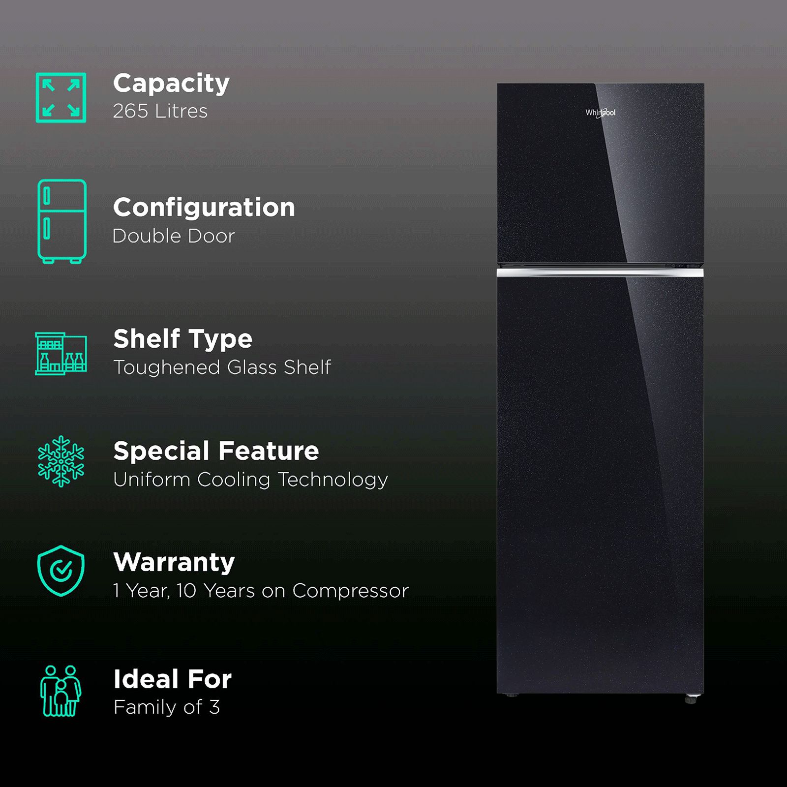 Whirlpool NeoFresh 265 Litres 2 Star Frost Free Double Door Refrigerator with 6th Sense DeepFreeze Technology (NEO 278GD PRM, Crystal Black) Whirlpool NeoFresh 265 Litres 2 Star Frost Free Double Door Refrigerator with 6th Sense DeepFreeze Technology (NEO 278GD PRM, Crystal Black)_2