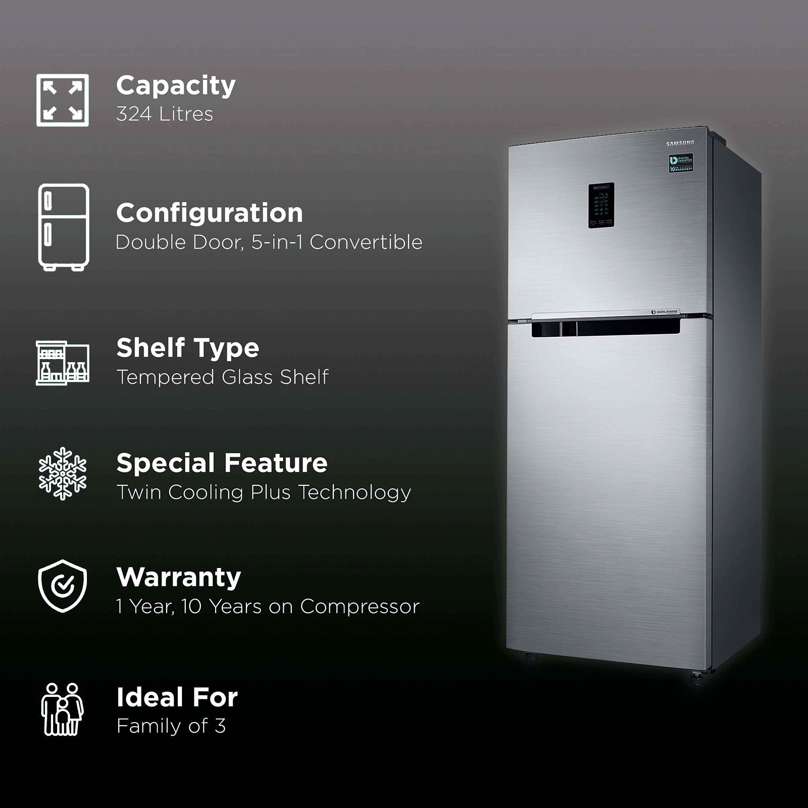 SAMSUNG 324 Litres 2 Star Frost Free Double Door Convertible Refrigerator with Multi Air Flow System (RT34T4522S8/HL, Elegant Inox) SAMSUNG 324 Litres 2 Star Frost Free Double Door Convertible Refrigerator with Multi Air Flow System (RT34T4522S8/HL, Elegant Inox)_2