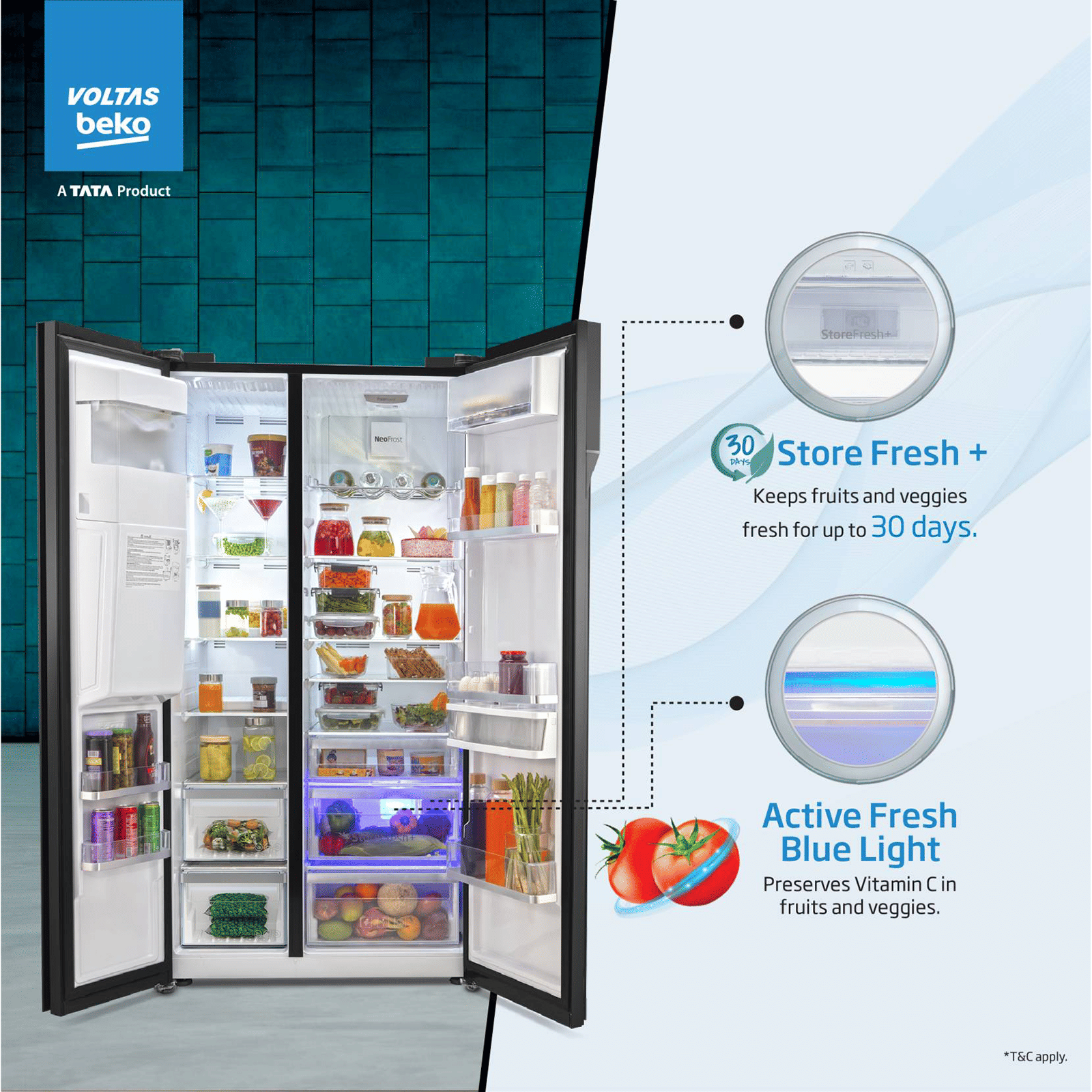 VOLTAS beko 634 Litres Frost Free Side by Side Refrigerator with Neo Frost Dual Cooling (RSB655GBRF, Glass Black) VOLTAS beko 634 Litres Frost Free Side by Side Refrigerator with Neo Frost Dual Cooling (RSB655GBRF, Glass Black)_11