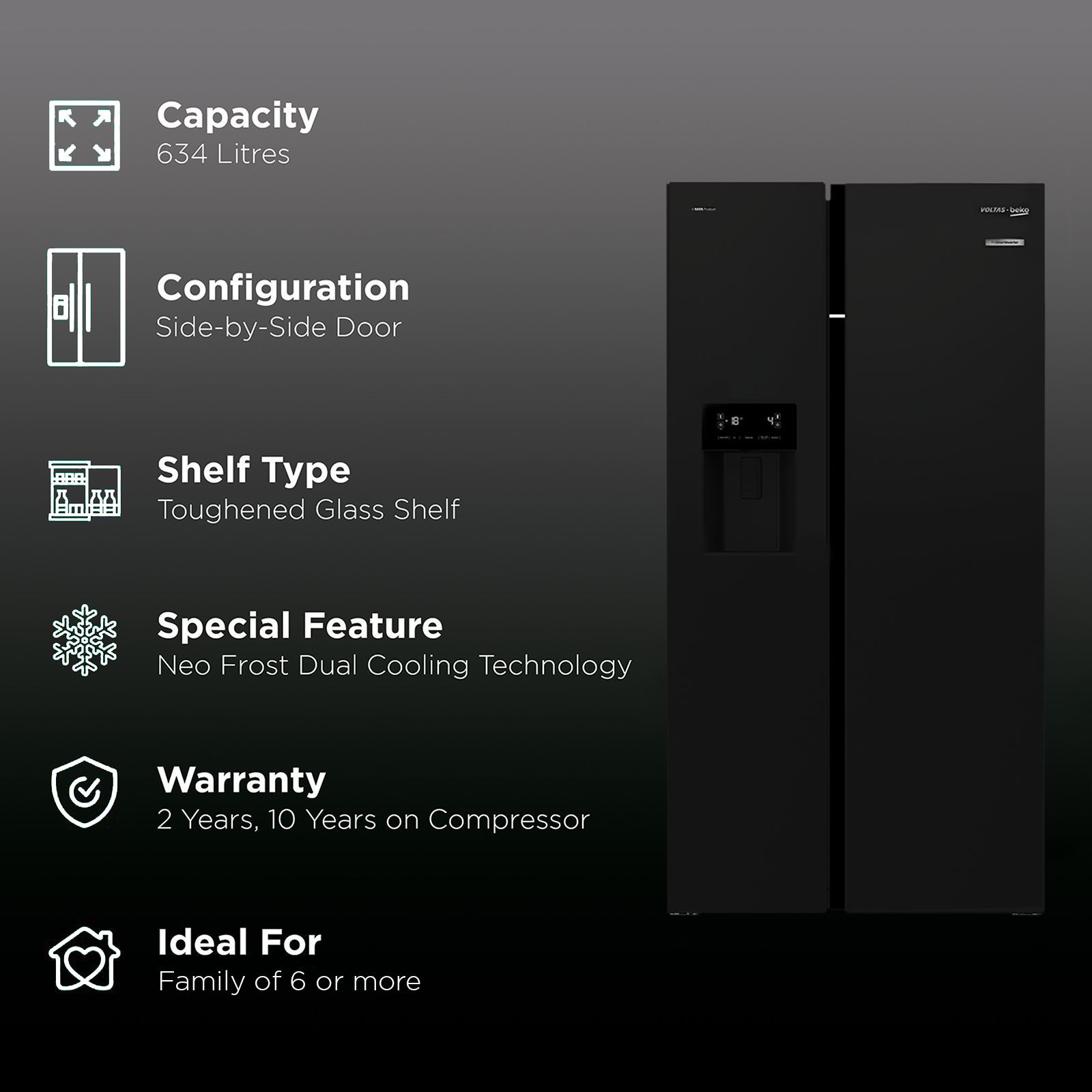 VOLTAS beko 634 Litres Frost Free Side by Side Refrigerator with Neo Frost Dual Cooling (RSB655GBRF, Glass Black) VOLTAS beko 634 Litres Frost Free Side by Side Refrigerator with Neo Frost Dual Cooling (RSB655GBRF, Glass Black)_2