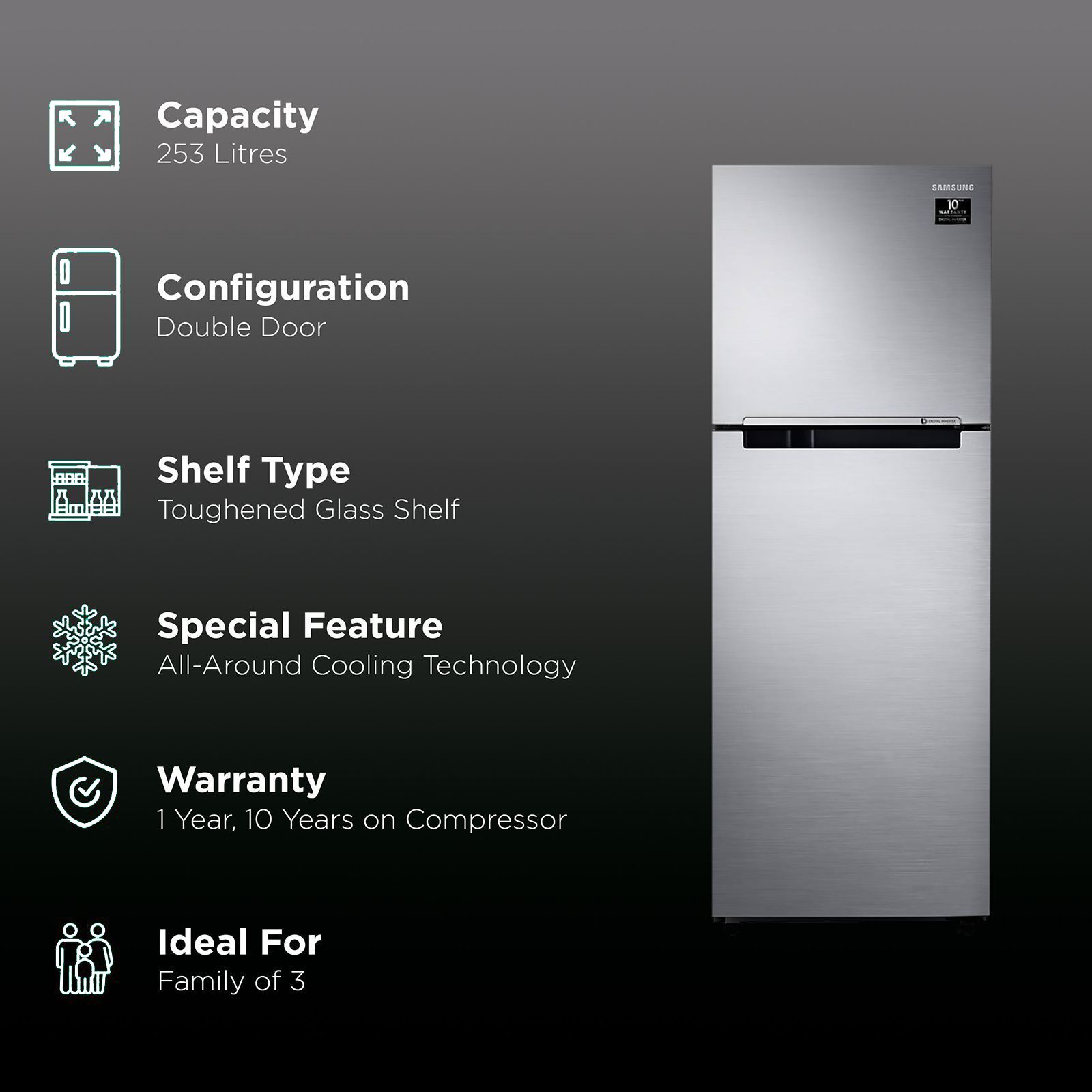 SAMSUNG 253 Litres 2 Star Frost Free Double Door Refrigerator with Activated Carbon Filters (RT28T3042S8/NL, Elegant Inox) SAMSUNG 253 Litres 2 Star Frost Free Double Door Refrigerator with Activated Carbon Filters (RT28T3042S8/NL, Elegant Inox)_2