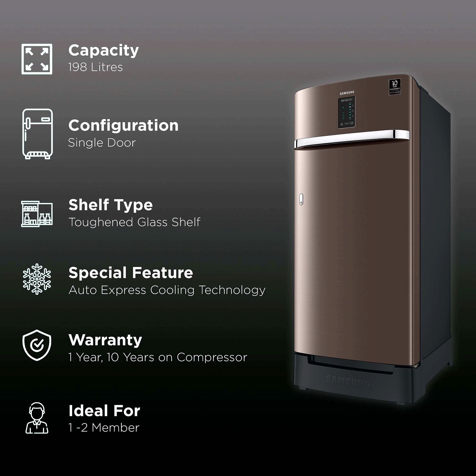 SAMSUNG Digi-Touch Cool 198 Litres 3 Star Direct Cool Single Door Refrigerator with Base Stand Drawer (RR21A2F2YDX/HL, Luxe Brown) SAMSUNG Digi-Touch Cool 198 Litres 3 Star Direct Cool Single Door Refrigerator with Base Stand Drawer (RR21A2F2YDX/HL, Luxe Brown)_2