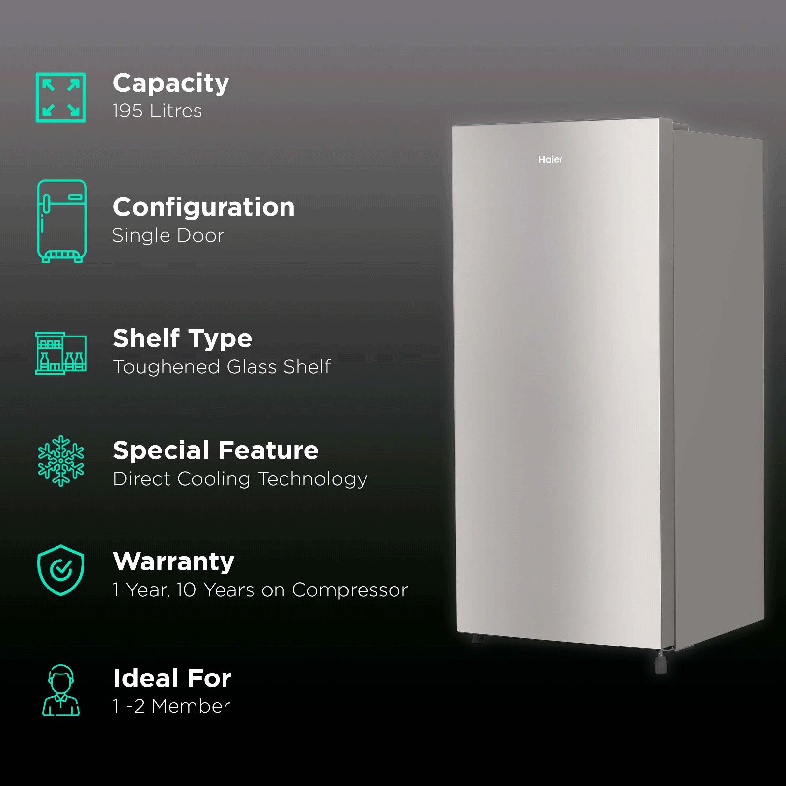Haier 195 Litres 5 Star Direct Cool Single Door Refrigerator with Hour Icing Technology (HRD-1955CTS-E, Titanium Steel)_2