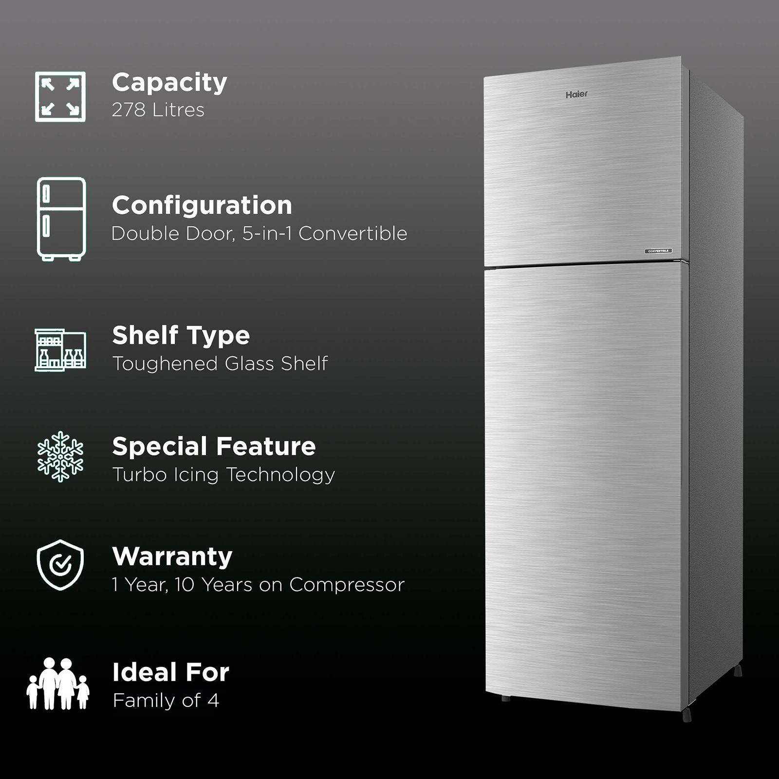 Haier 268 Litres 3 Star Frost Free Double Door Convertible Refrigerator with Turbo Icing Technology (HRF-2984BS-E, Brushline Silver) Haier 268 Litres 3 Star Frost Free Double Door Convertible Refrigerator with Turbo Icing Technology (HRF-2984BS-E, Brushline Silver)_2