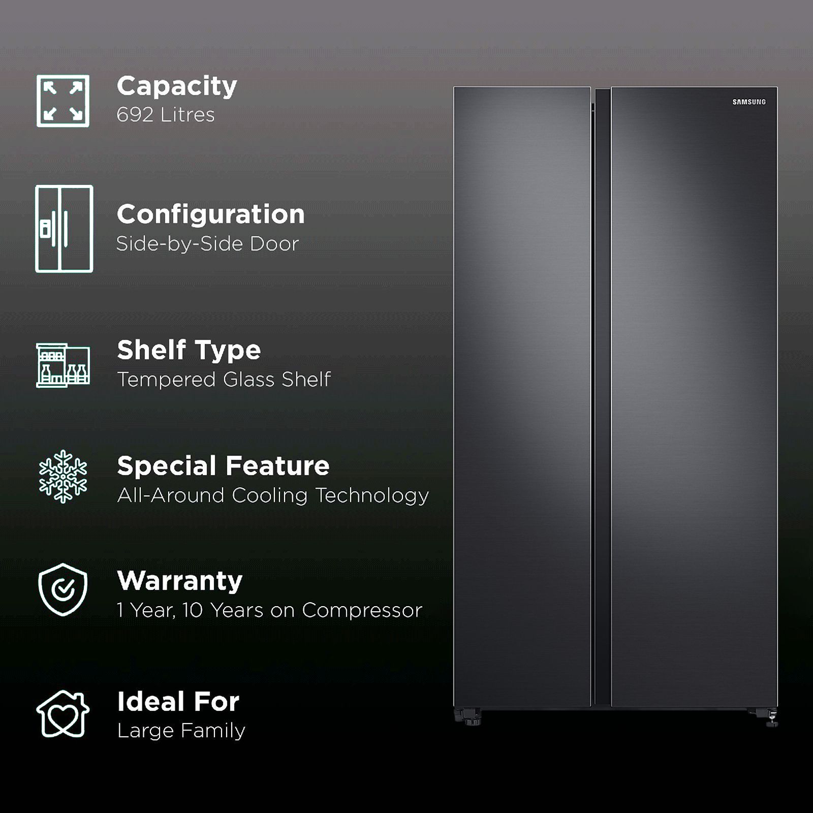 SAMSUNG 692 Litres Frost Free Side by Side Refrigerator with Curd Maestro (RS72A50K1B4/TL, Black Matt) SAMSUNG 692 Litres Frost Free Side by Side Refrigerator with Curd Maestro (RS72A50K1B4/TL, Black Matt)_2