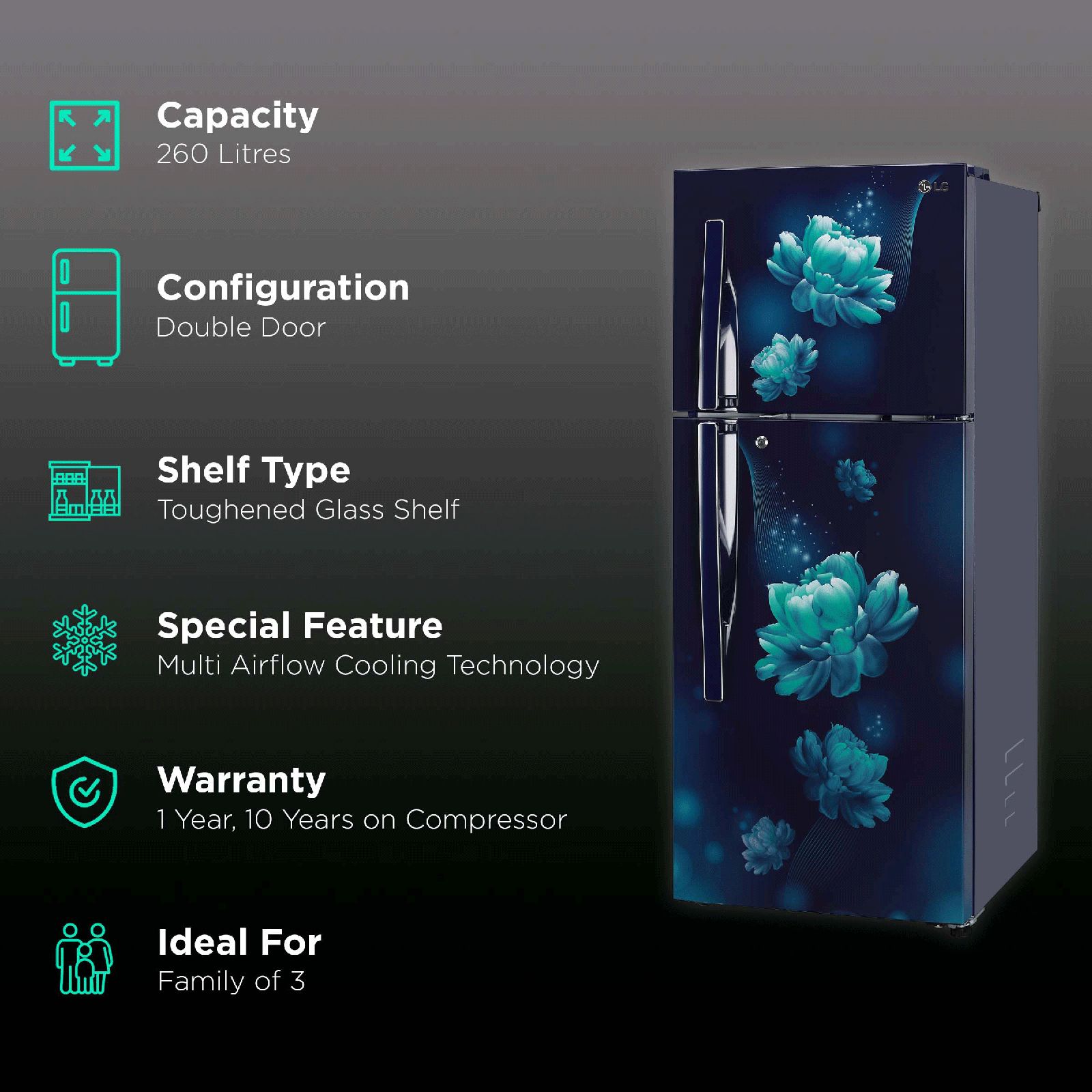 LG 260 Litres 2 Star Frost Free Double Door Convertible Refrigerator with Multi Air Flow System (GL-S292RBCY.DBCZEB, Blue Charm) LG 260 Litres 2 Star Frost Free Double Door Convertible Refrigerator with Multi Air Flow System (GL-S292RBCY.DBCZEB, Blue Charm)_2