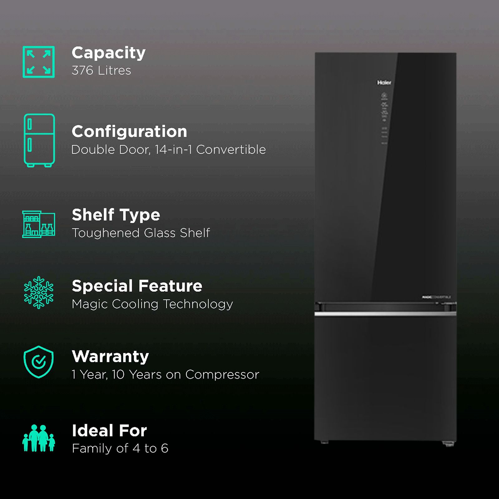 Haier 376 Litres 3 Star Frost Free Double Door Bottom Mount Convertible Refrigerator with Magic Cooling Technology (HRB-3964PKG-E, Black Glass)_2