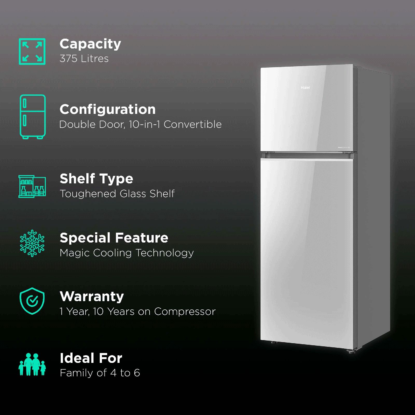 Haier 358 Litres 3 Star Frost Free Double Door Convertible Refrigerator with Magic Cooling Technology (HRF-3954PMG-E, Mirror Glass)_2
