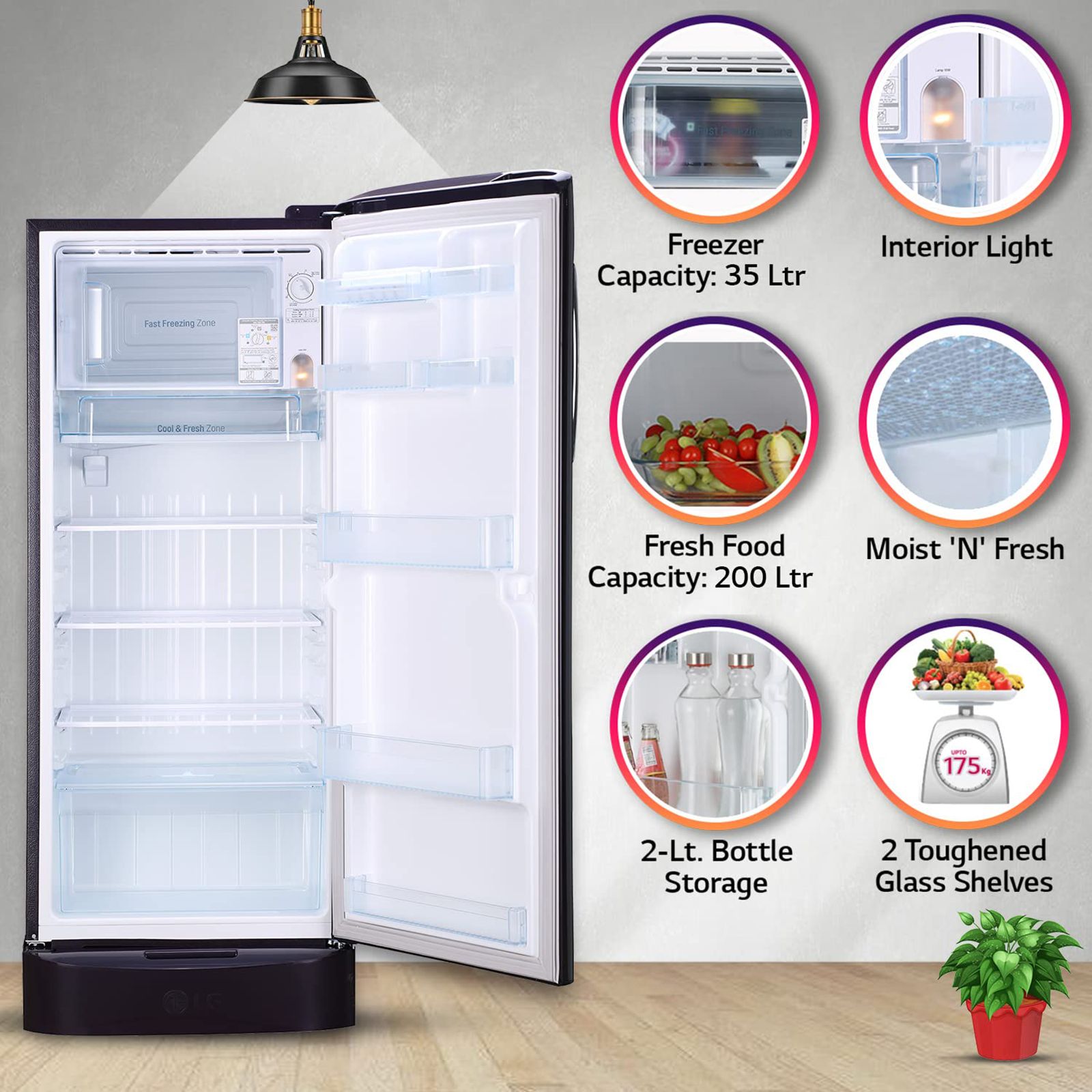LG 235 Litres 3 Star Direct Cool Single Door Refrigerator with Stabilizer Free Operation (GL-D241APGD, Purple Glow)_13