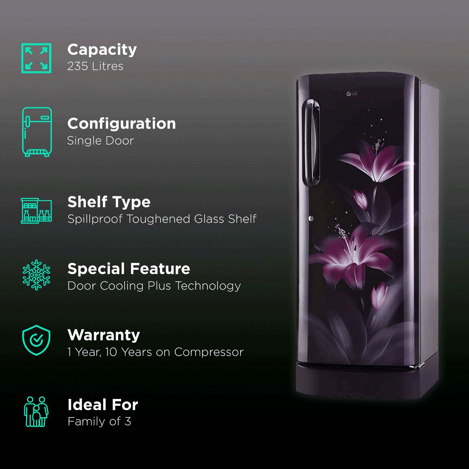 LG 235 Litres 3 Star Direct Cool Single Door Refrigerator with Stabilizer Free Operation (GL-D241APGD, Purple Glow)_2