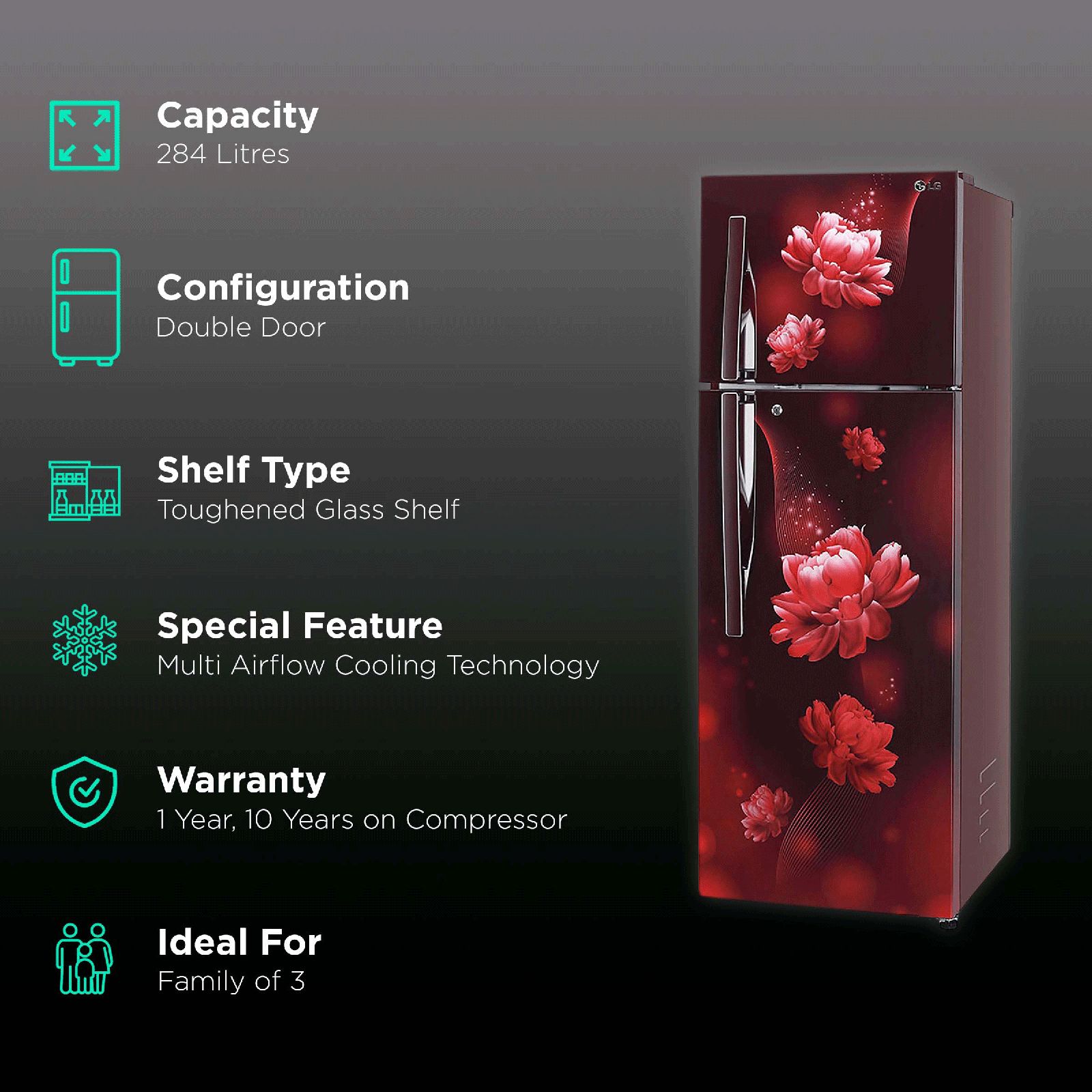 LG 264 Litres 2 Star Frost Free Double Door Refrigerator with Multi Air Flow System (GL-T302RSCY, Scarlet Charm) LG 264 Litres 2 Star Frost Free Double Door Refrigerator with Multi Air Flow System (GL-T302RSCY, Scarlet Charm)_2