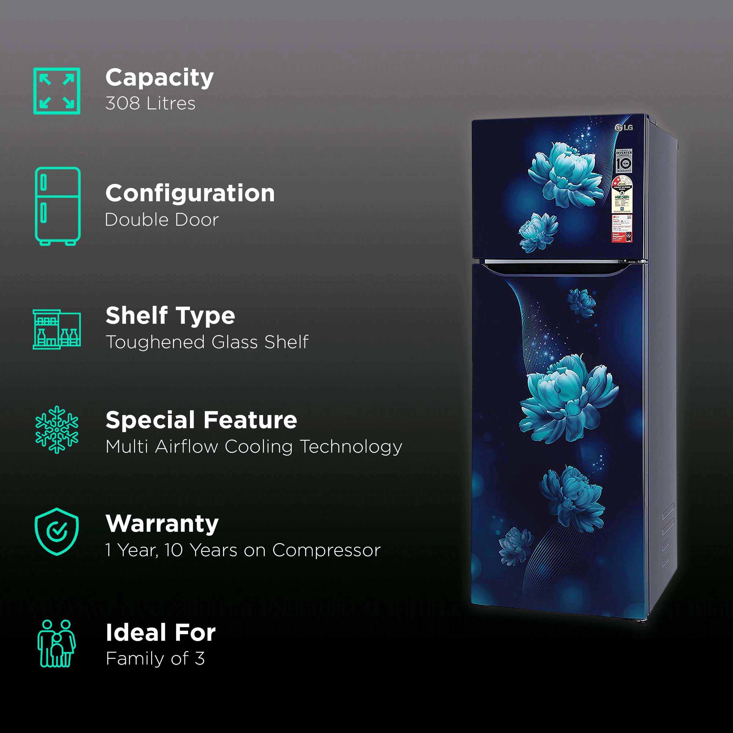 LG 308 Litres 2 Star Frost Free Double Door Convertible Refrigerator with Multi Air Flow System (GL-T322SBCY, Blue Charm) LG 308 Litres 2 Star Frost Free Double Door Convertible Refrigerator with Multi Air Flow System (GL-T322SBCY, Blue Charm)_2