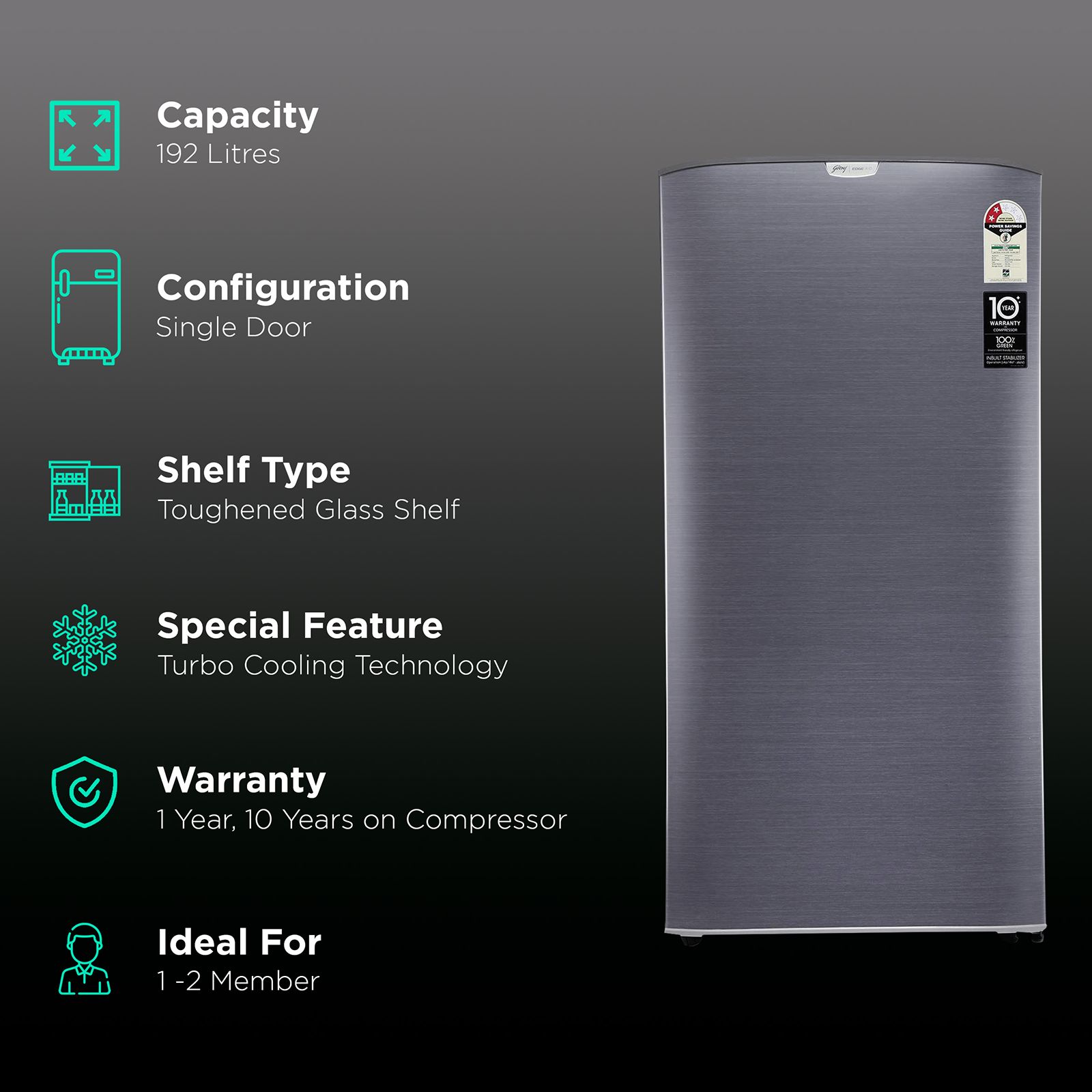 Godrej Edge Rio 192 Litres 2 Star Direct Cool Single Door Refrigerator with Turbo Cooling Technology (RD EDGE RIO 207B 23 TRF, Jet Steel)_2