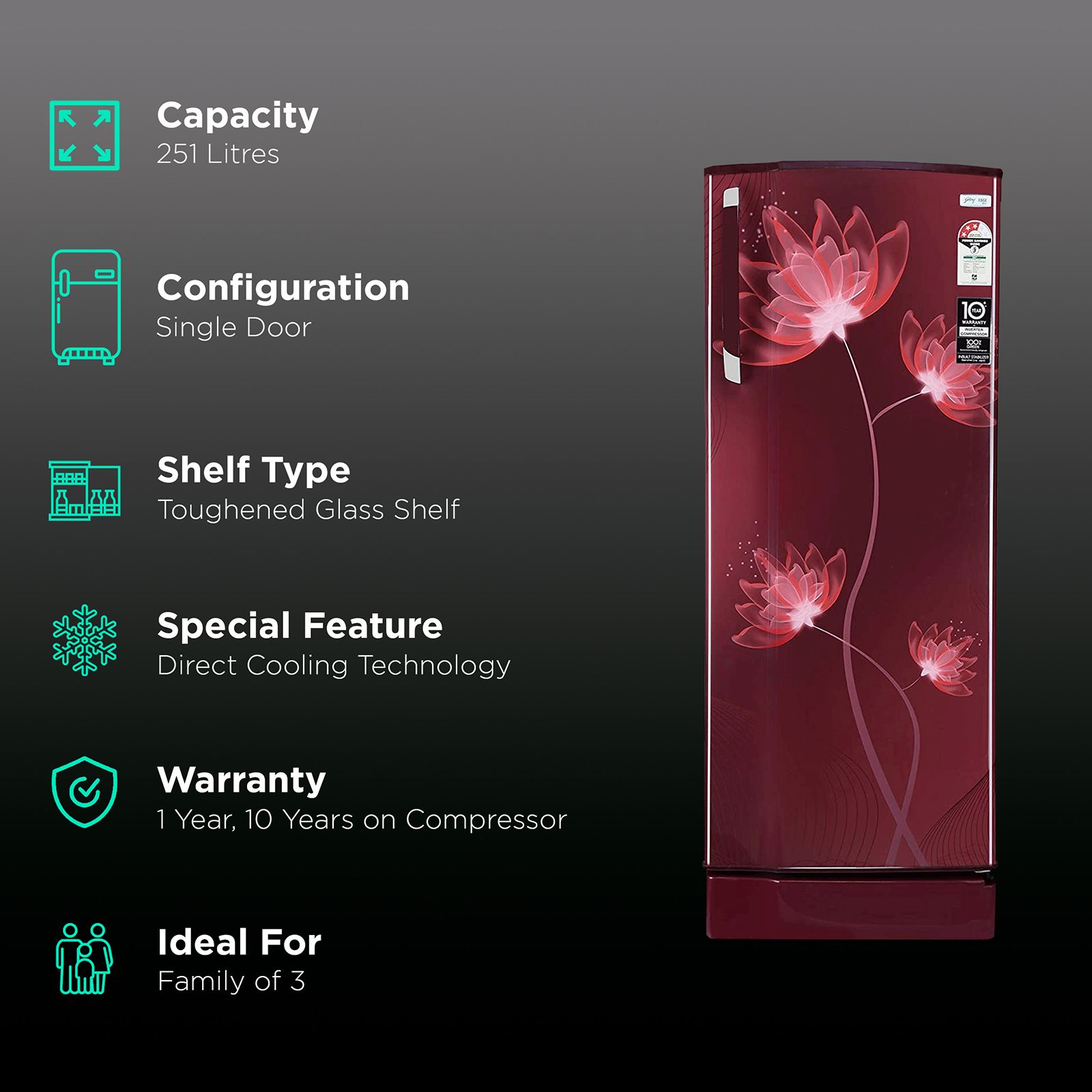 Godrej Edge SX 251 Litres 3 Star Direct Cool Single Door Refrigerator with Uniform Cooling Technology (RD EDGE SX 266C 33 TAI, Glass Wine) Godrej Edge SX 251 Litres 3 Star Direct Cool Single Door Refrigerator with Uniform Cooling Technology (RD EDGE SX 266C 33 TAI, Glass Wine)_2