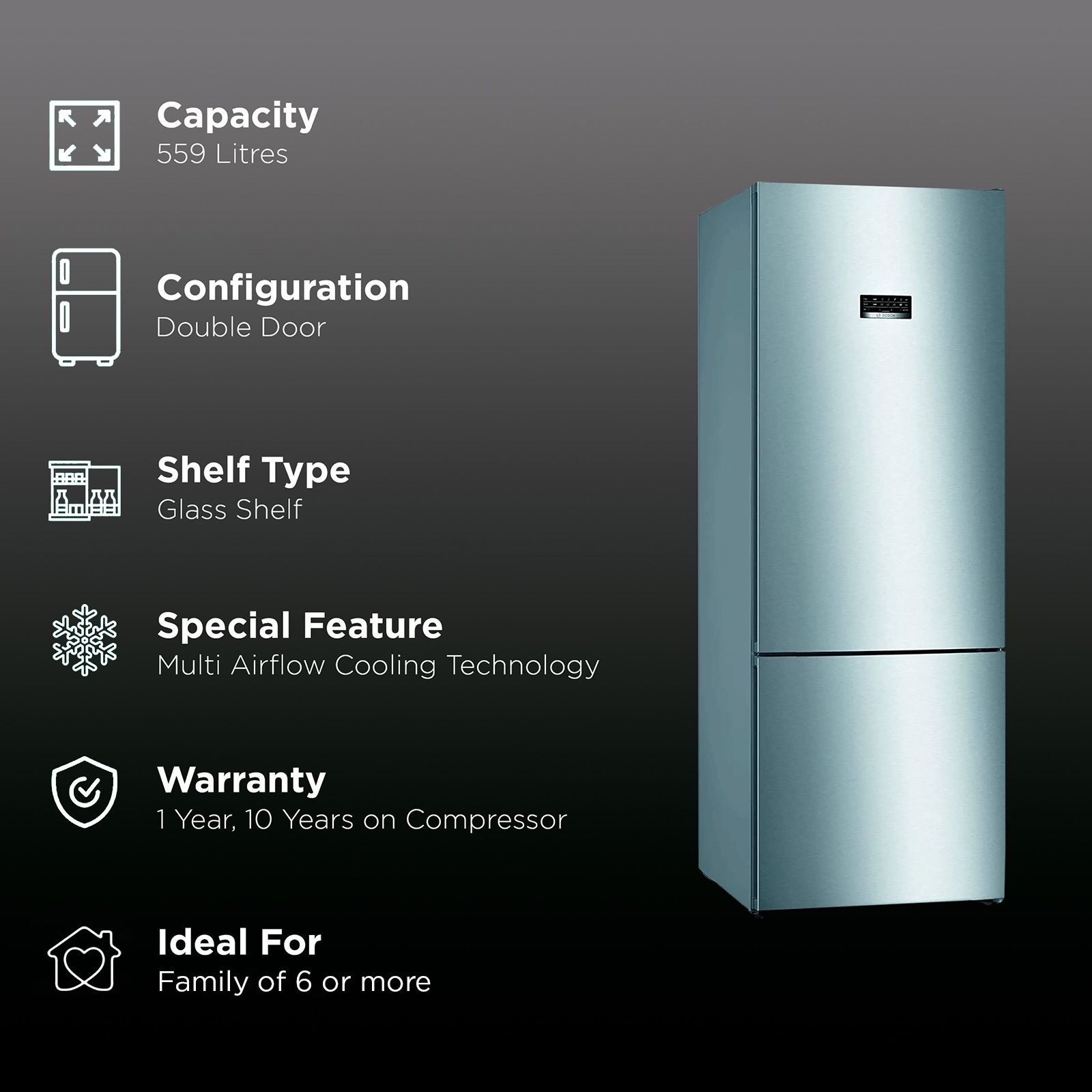 BOSCH Series 4 505 Litres 2 Star Frost Free Double Door Bottom Mount Refrigerator with Temperature Display (KGN56XI40I, Inox) BOSCH Series 4 505 Litres 2 Star Frost Free Double Door Bottom Mount Refrigerator with Temperature Display (KGN56XI40I, Inox)_2