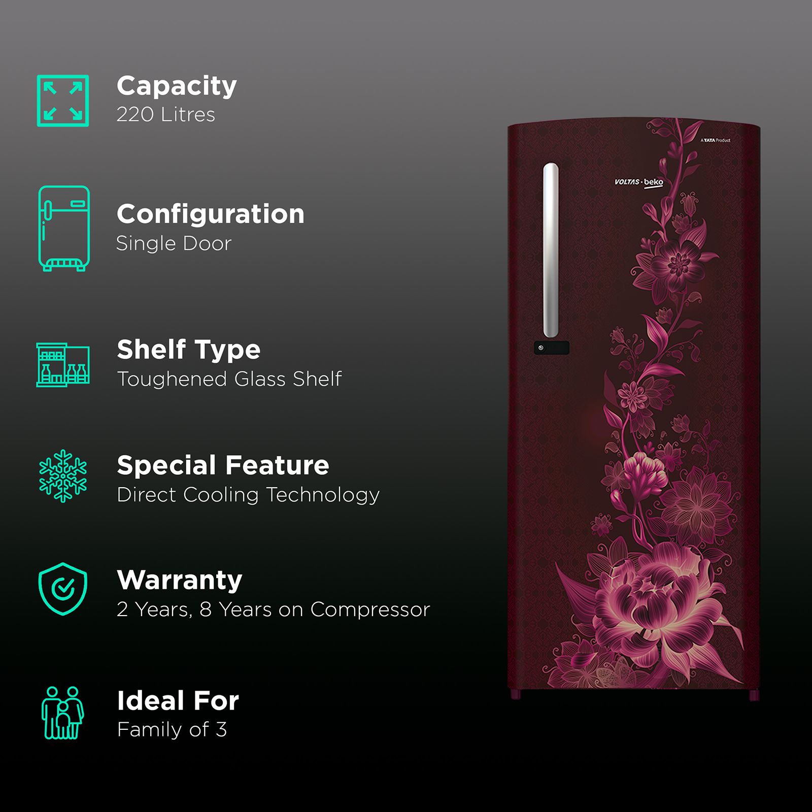 VOLTAS beko 220 Litres 3 Star Direct Cool Single Door Refrigerator with Stabilizer Free Operation (RDC240CVWEX/XXSG, Vivi Wine) VOLTAS beko 220 Litres 3 Star Direct Cool Single Door Refrigerator with Stabilizer Free Operation (RDC240CVWEX/XXSG, Vivi Wine)_2