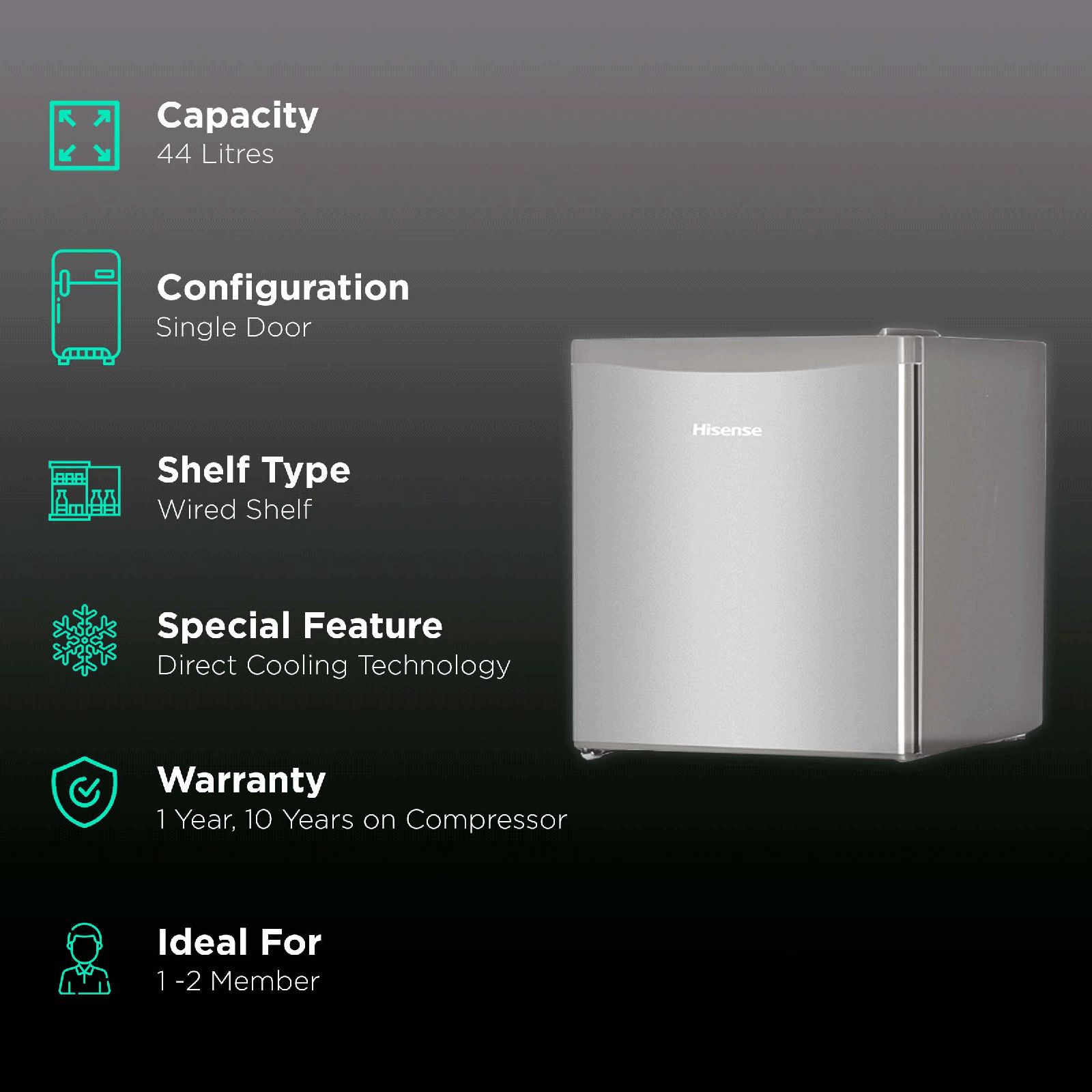 Hisense 44 Litres 1 Star Direct Cool Single Door Refrigerator with Stabilizer Free Operation (RR60D4ASB1, Silver)_2