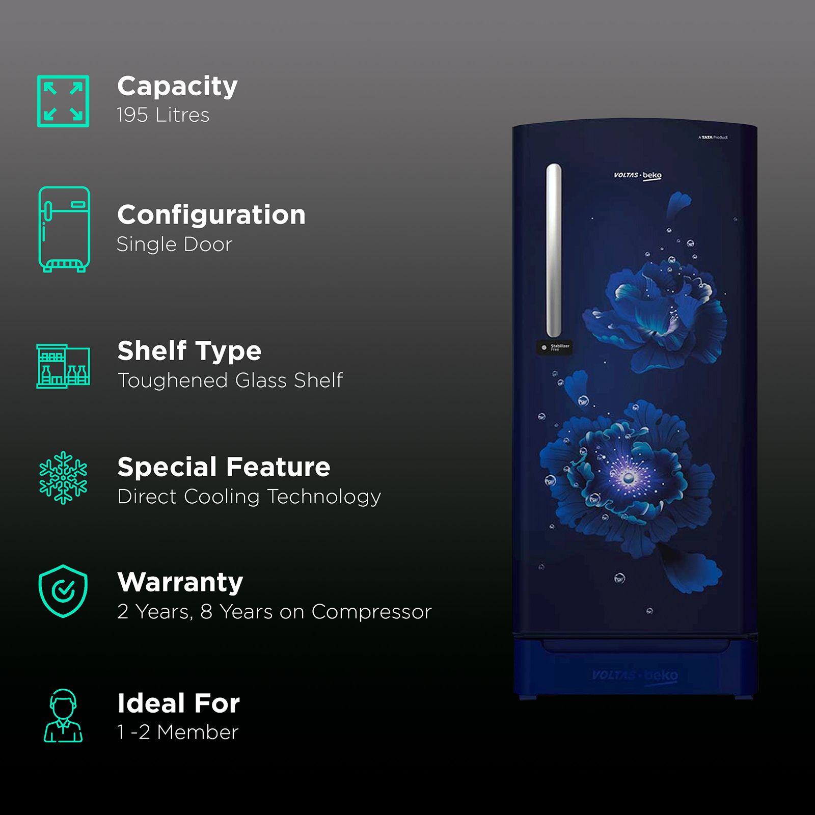 VOLTAS beko 195 Litres 4 Star Direct Cool Single Door Refrigerator with Advanced Carbon Filter (RDC215BFBEXB/BASG, Fairy Flower Blue)_2