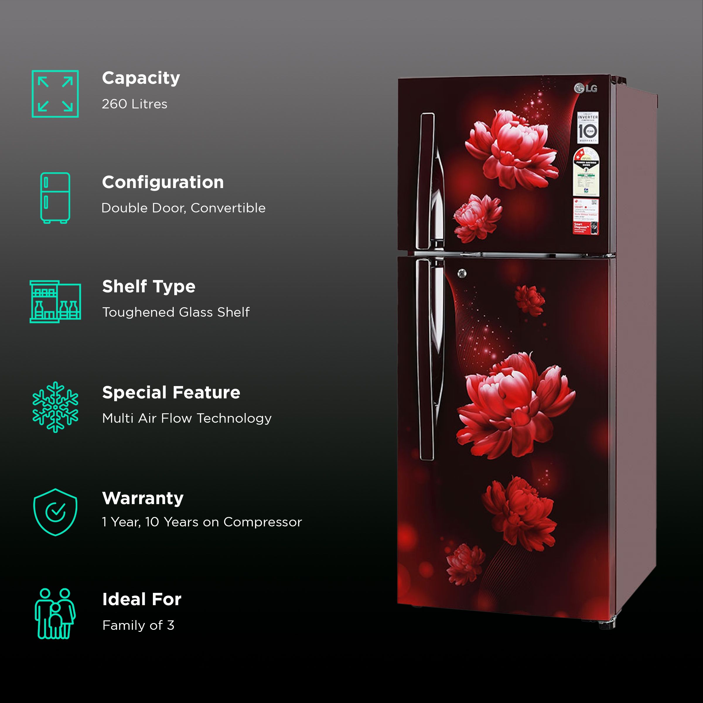 LG 240 Litres 2 Star Frost Free Double Door Convertible Refrigerator with Multi Air Flow System (GL-S292RSCY, Scarlet Charm)_2