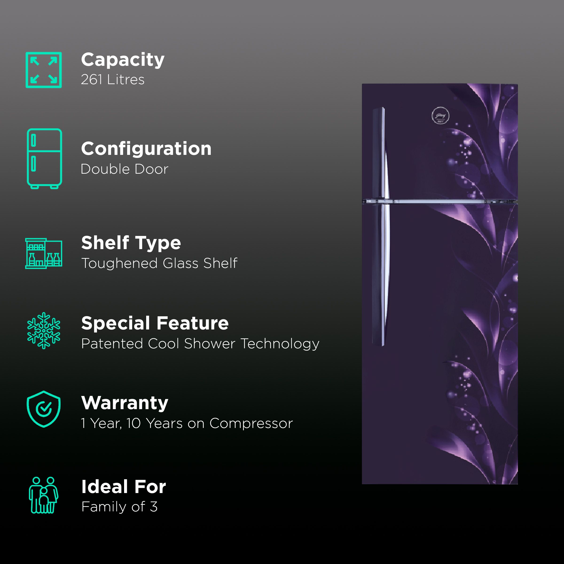 Godrej Eon Vibe 261 Litres 3 Star Frost Free Double Door Refrigerator with Cool Shower Technology (RT EON VIBE 276C 35 HCI, Silky Purple) Godrej Eon Vibe 261 Litres 3 Star Frost Free Double Door Refrigerator with Cool Shower Technology (RT EON VIBE 276C 35 HCI, Silky Purple)_2