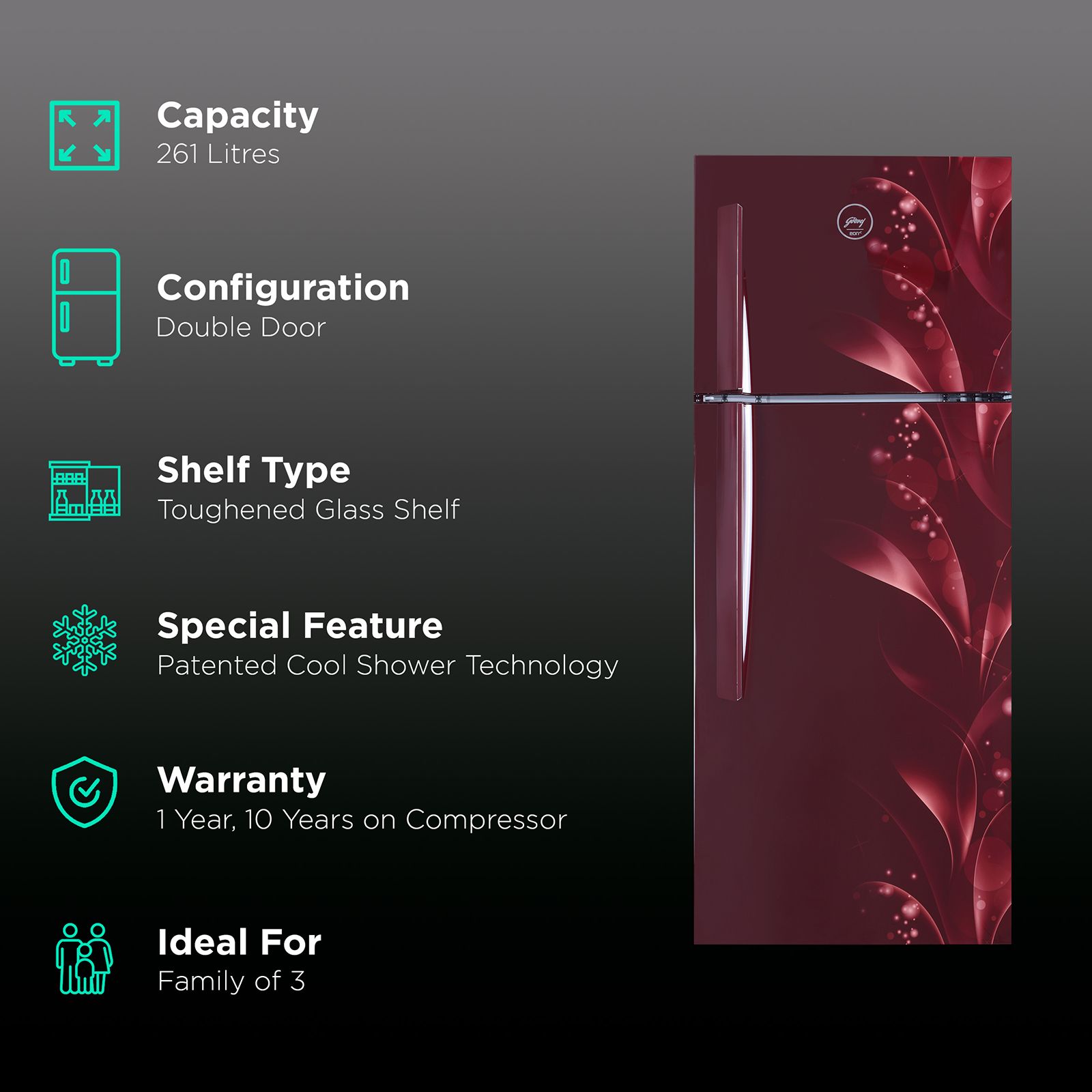 Godrej Eon Vibe 261 Litres 3 Star Frost Free Double Door Refrigerator with Cool Shower Technology (RT EON VIBE 276C 35 HCI, Silky Wine) Godrej Eon Vibe 261 Litres 3 Star Frost Free Double Door Refrigerator with Cool Shower Technology (RT EON VIBE 276C 35 HCI, Silky Wine)_2