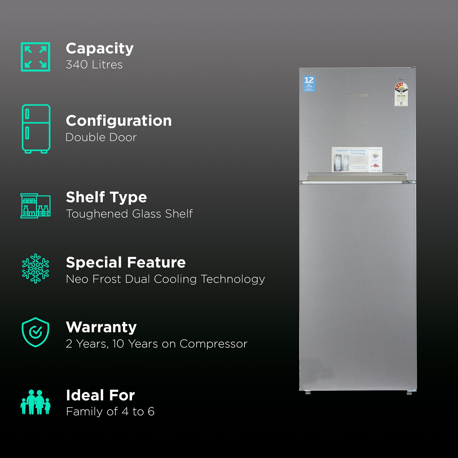 VOLTAS beko 340 Litres 2 Star Frost Free Double Door Refrigerator with Neo Frost Dual Cooling (RFF363I, Silver) VOLTAS beko 340 Litres 2 Star Frost Free Double Door Refrigerator with Neo Frost Dual Cooling (RFF363I, Silver)_2