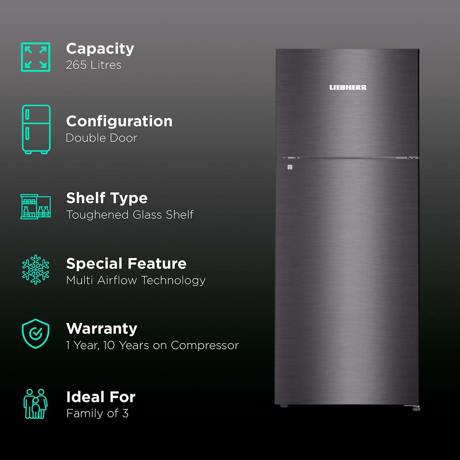 LIEBHERR 265 Litres 2 Star Frost Free Double Door Refrigerator with Forced Air Cooling (TCBS 2630, Black Steel) LIEBHERR 265 Litres 2 Star Frost Free Double Door Refrigerator with Forced Air Cooling (TCBS 2630, Black Steel)_2