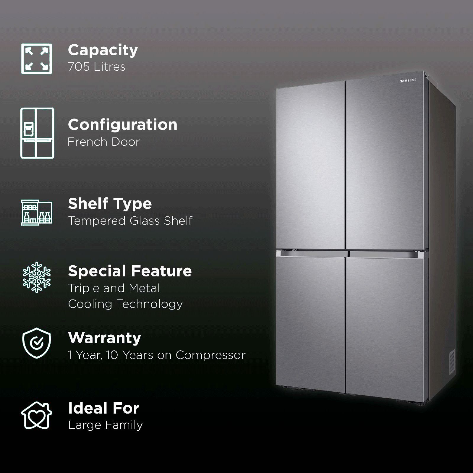 SAMSUNG 705 Litres Frost Free French Door Smart Wi-Fi Enabled Refrigerator with Dual Flex Zone (RF70A90T0SL/TL, Real Stainless) SAMSUNG 705 Litres Frost Free French Door Smart Wi-Fi Enabled Refrigerator with Dual Flex Zone (RF70A90T0SL/TL, Real Stainless)_2