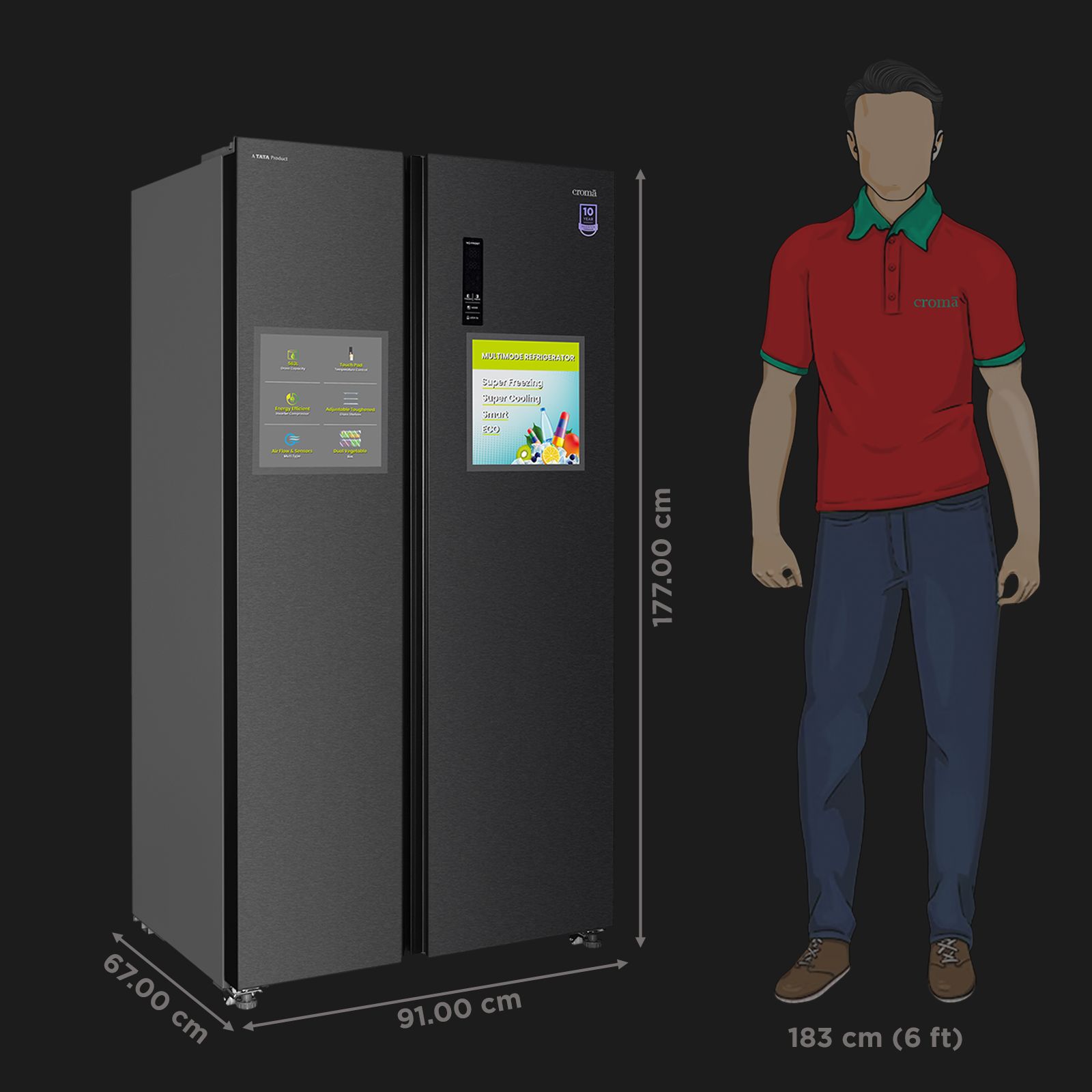 Croma 563 Litres Frost Free Side by Side Refrigerator with Multi Airflow System (CRAR2651, Black Inox) Croma 563 Litres Frost Free Side by Side Refrigerator with Multi Airflow System (CRAR2651, Black Inox)_2