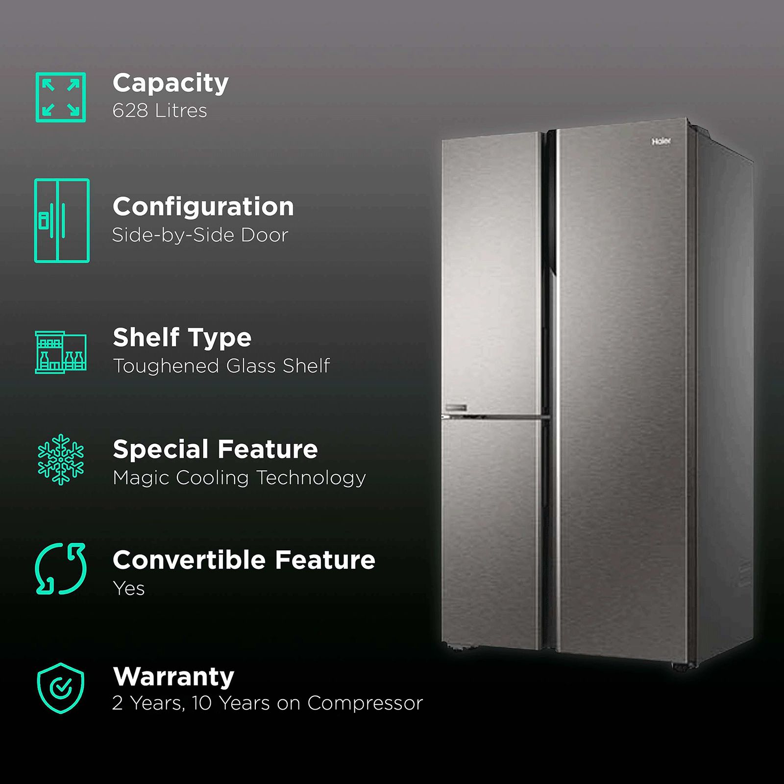 Haier 598 Litres Frost Free Side by Side Refrigerator with Magic Cooling Technology (HRT-683IS, Inox Steel) Haier 598 Litres Frost Free Side by Side Refrigerator with Magic Cooling Technology (HRT-683IS, Inox Steel)_2