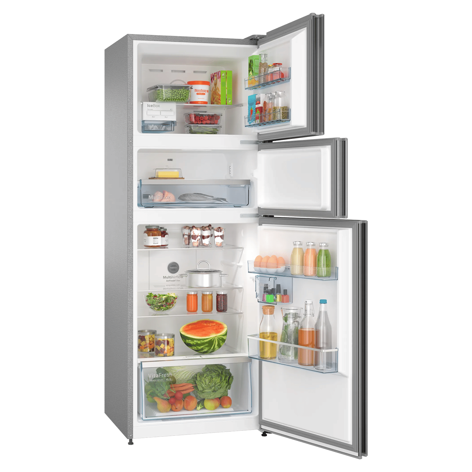 BOSCH Series 4 335 Litres Frost Free Triple Door Convertible Refrigerator with Temperature Display (CMC36K05NI, Smoky Steel)_2