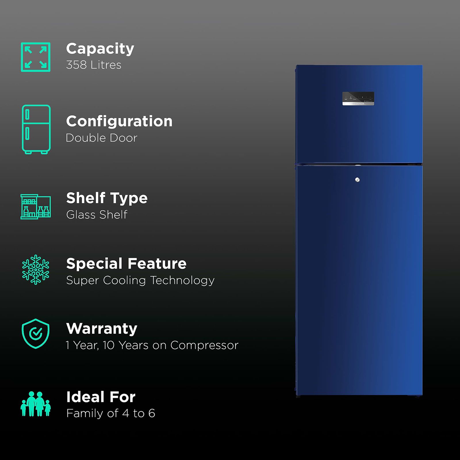 BOSCH Series 4 358 Litres 3 Star Frost Free Double Door Convertible Refrigerator with Temperature Display (CTC35BT3NI, Transition Blue) BOSCH Series 4 358 Litres 3 Star Frost Free Double Door Convertible Refrigerator with Temperature Display (CTC35BT3NI, Transition Blue)_2
