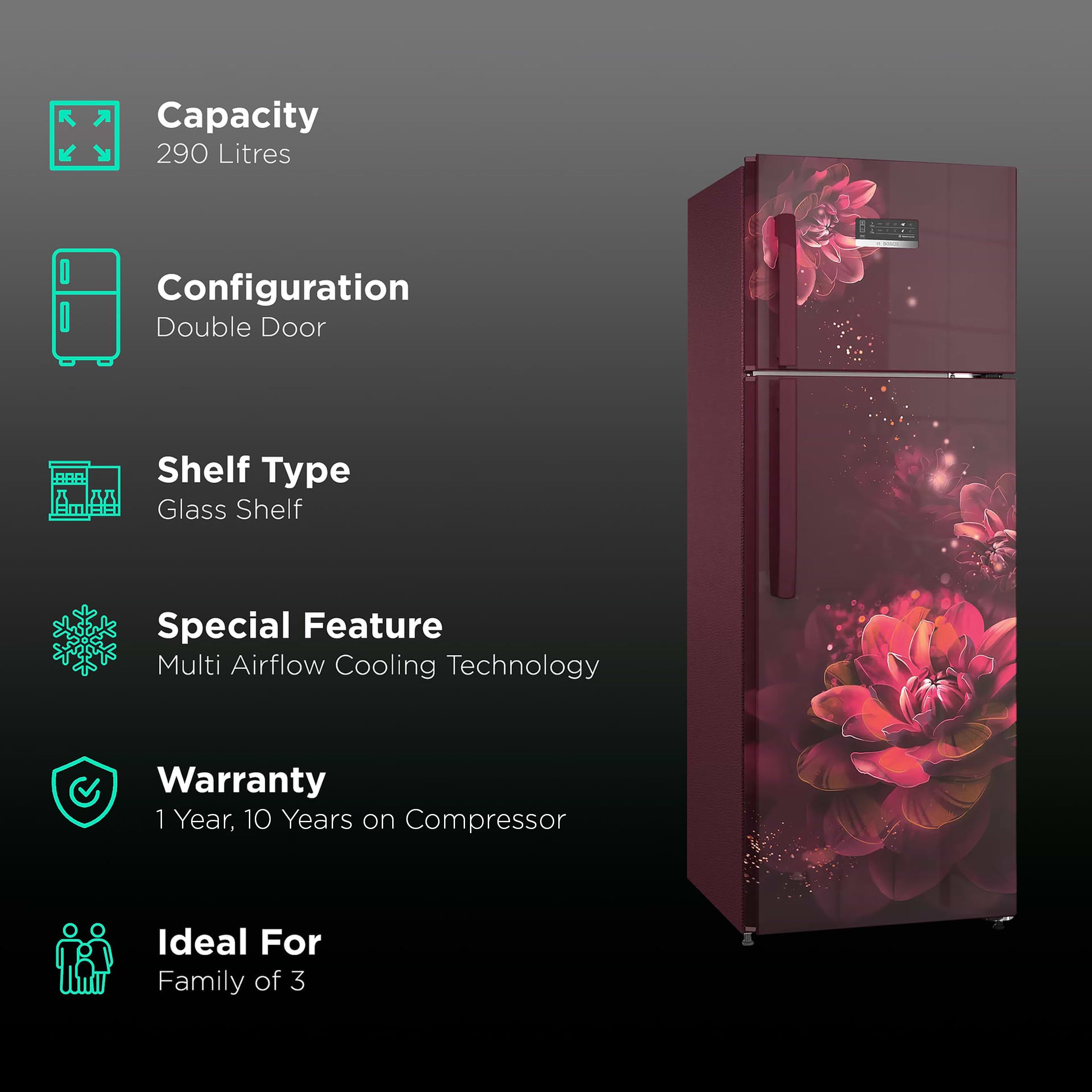 BOSCH Series 4 290 Litres 4 Star Frost Free Double Door Convertible Refrigerator with Temperature Display (CTC29W24EI, Sevian Wine)_2