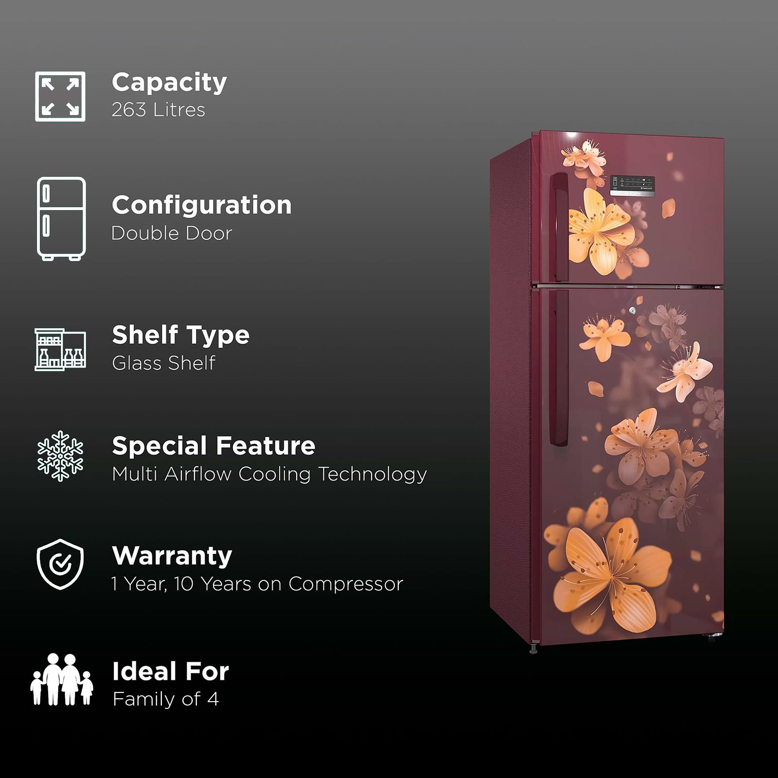 BOSCH Series 4 243 Litres 3 Star Frost Free Double Door Convertible Refrigerator with Temperature Display (CTC27W13EI, Acasia Wine)_2