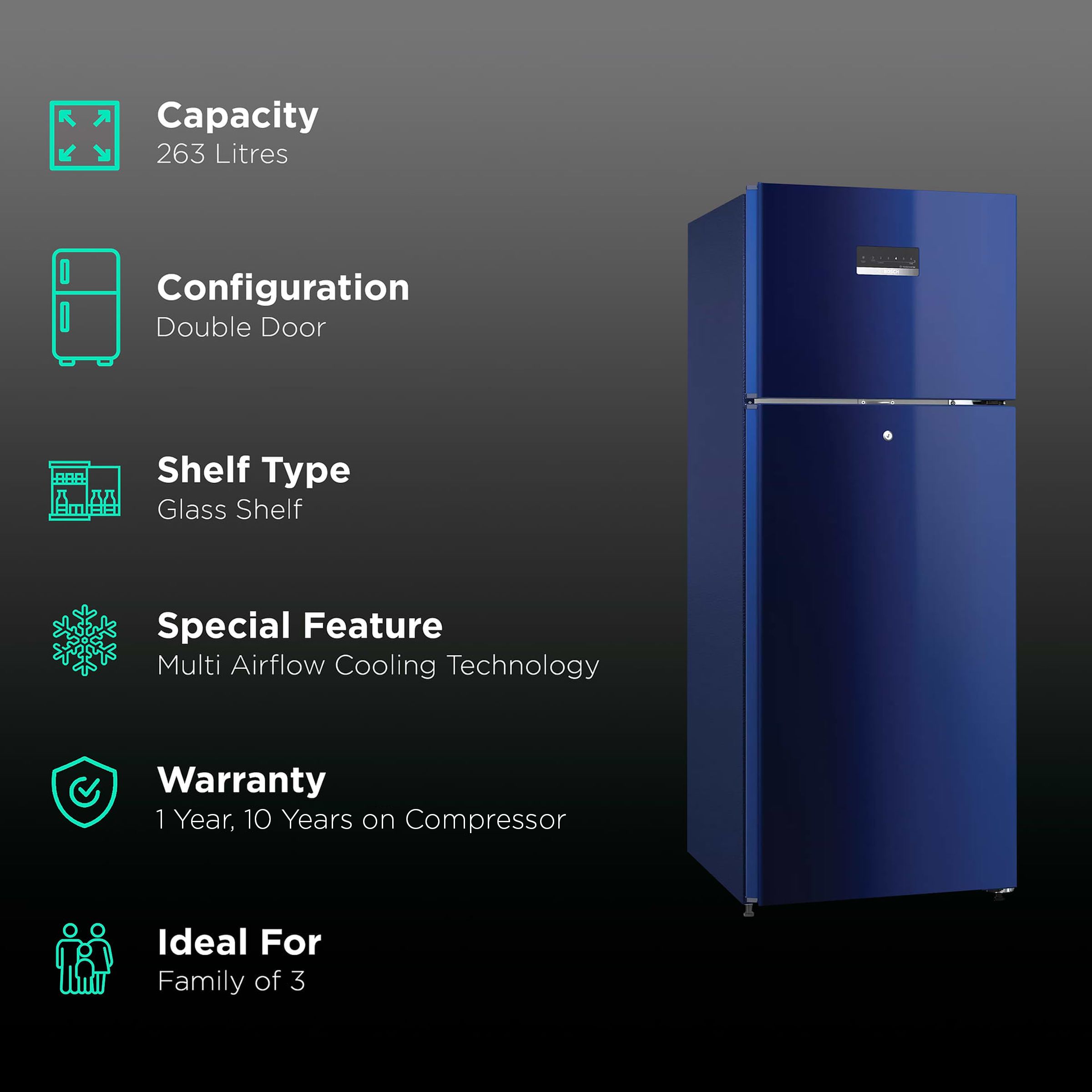 BOSCH Series 2 263 Litres 3 Star Frost Free Double Door Refrigerator with Temperature Display (CTN27BT3NI, Transition Blue) BOSCH Series 2 263 Litres 3 Star Frost Free Double Door Refrigerator with Temperature Display (CTN27BT3NI, Transition Blue)_2