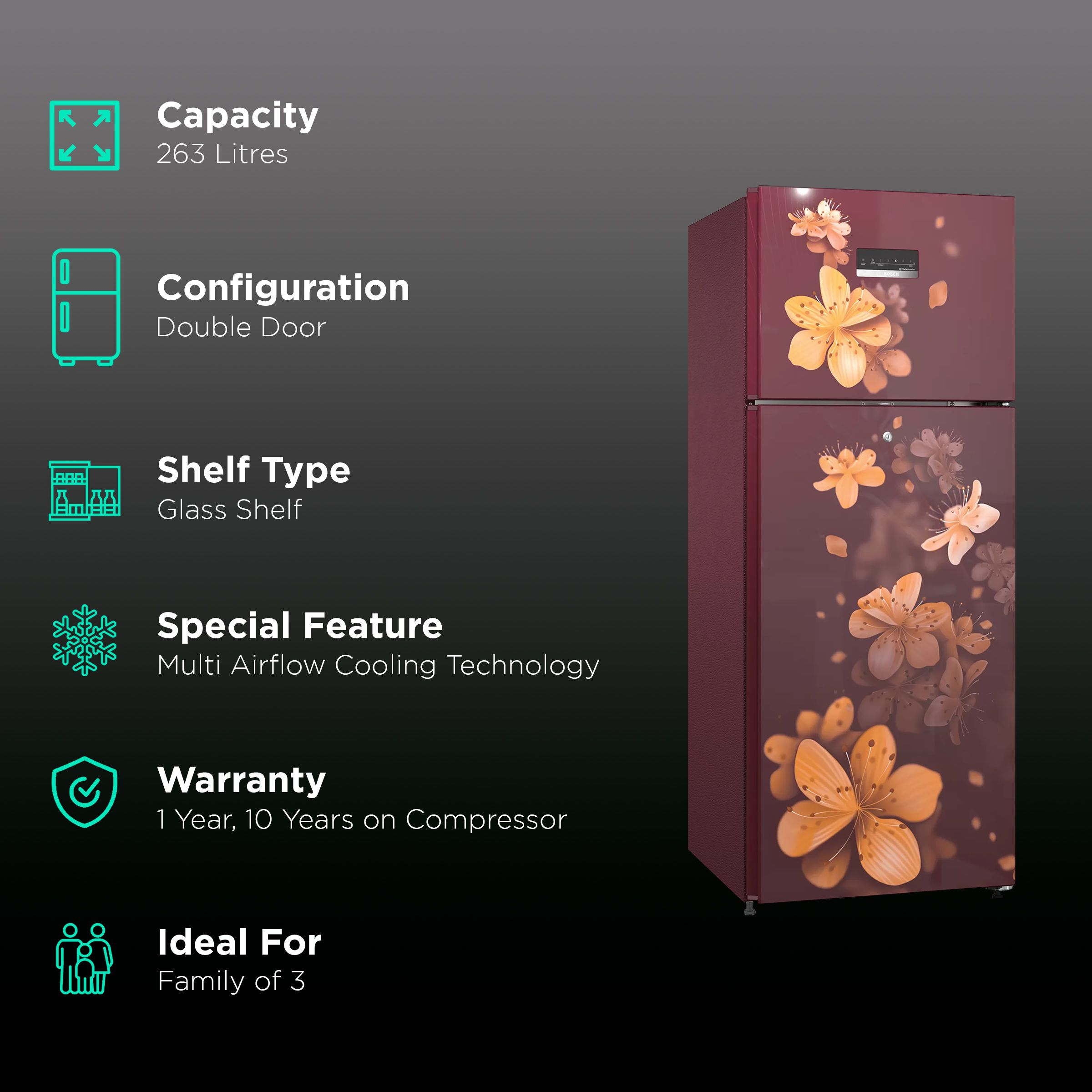 BOSCH Series 2 243 Litres 3 Star Frost Free Double Door Refrigerator with Temperature Display (CTN27W13NI, Acasia Wine)_2