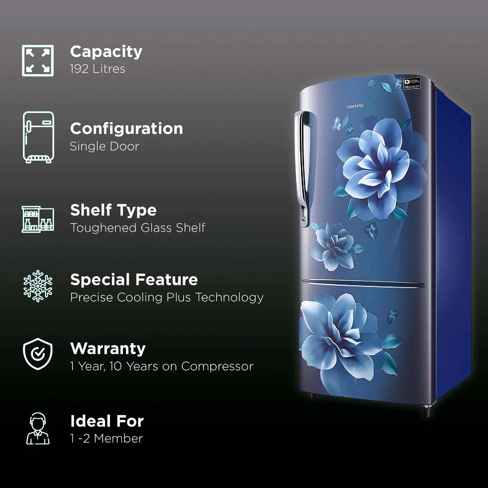 SAMSUNG Stylish Grande 192 Litres 3 Star Direct Cool Single Door Refrigerator with Anti-Bacterial Gasket (RR20A172YCU/HL, Camellia Blue) SAMSUNG Stylish Grande 192 Litres 3 Star Direct Cool Single Door Refrigerator with Anti-Bacterial Gasket (RR20A172YCU/HL, Camellia Blue)_2
