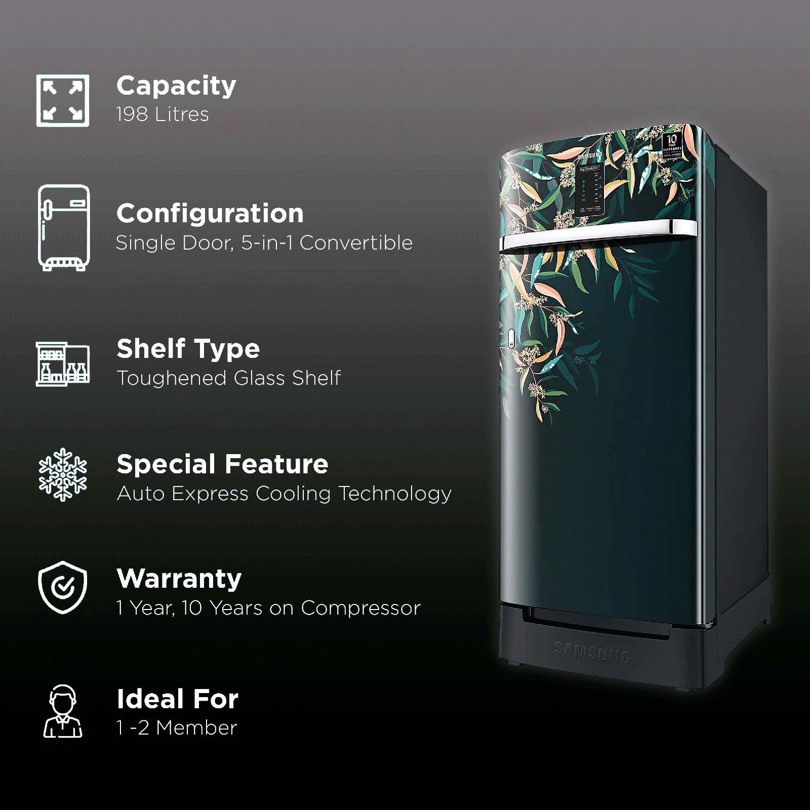 SAMSUNG Digi-Touch Cool 198 Litres 3 Star Direct Cool Single Door Refrigerator with Base Stand Drawer (RR21A2F2YTG/HL, Delight Tropical)_2