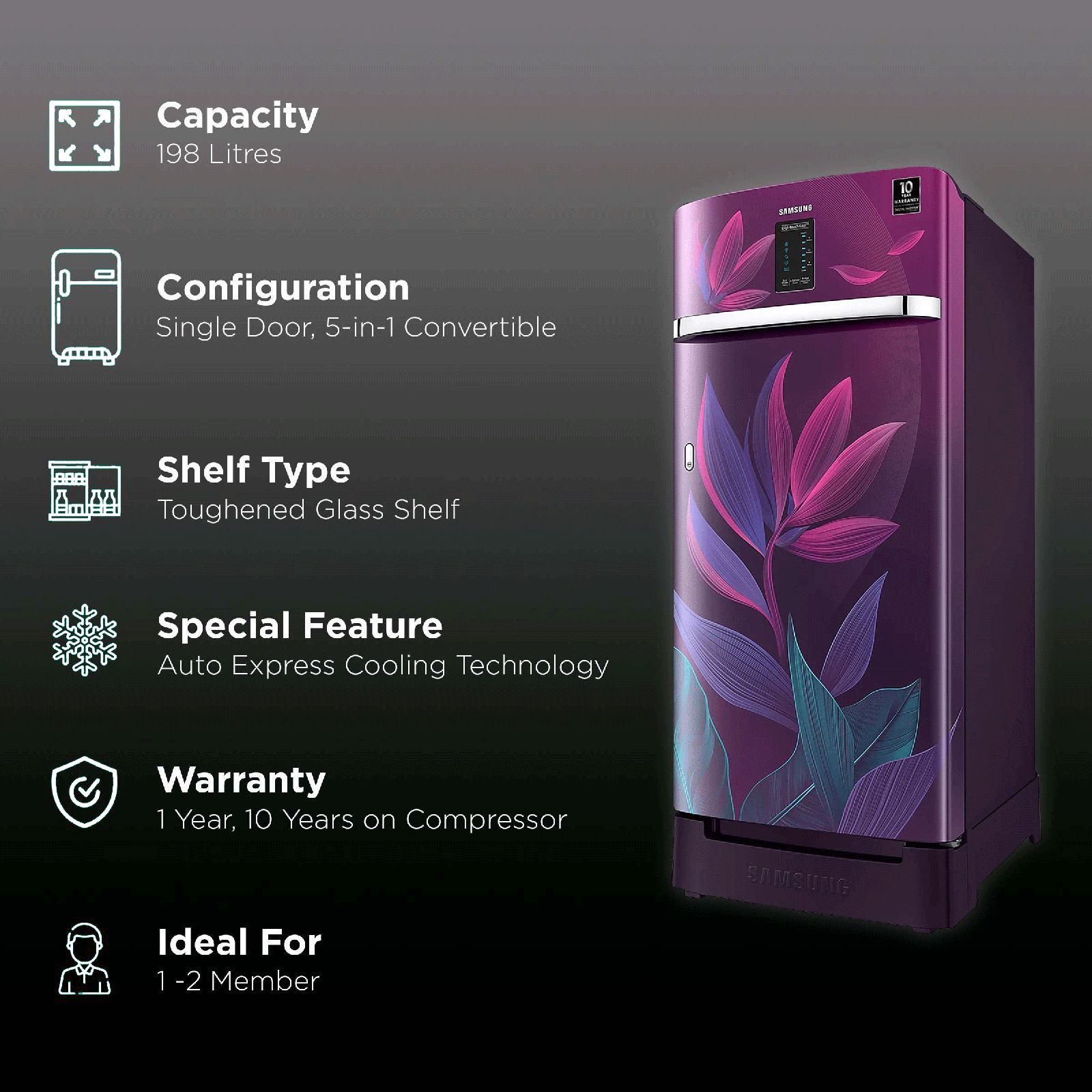 SAMSUNG Digi-Touch Cool 198 Litres 4 Star Direct Cool Single Door Refrigerator with Base Stand Drawer (RR21A2F2X9R/HL, Paradise Bloom Purple) SAMSUNG Digi-Touch Cool 198 Litres 4 Star Direct Cool Single Door Refrigerator with Base Stand Drawer (RR21A2F2X9R/HL, Paradise Bloom Purple)_2