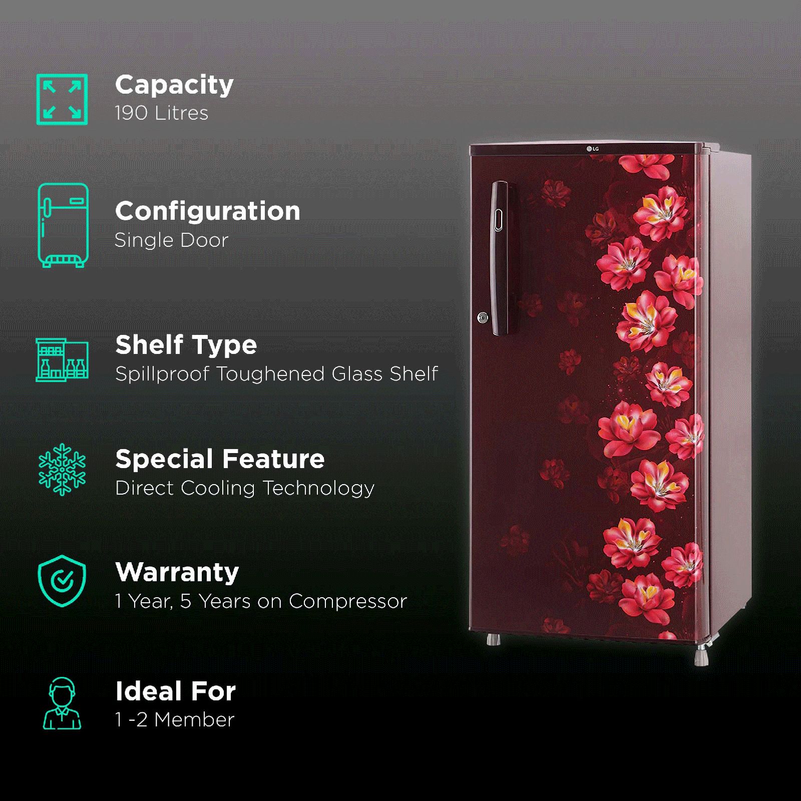 LG 185 Litres 1 Star Direct Cool Single Door Refrigerator with Stabilizer Free Operation (GL-B199OSJB.ASJZEB, Scarlet Jasmine) LG 185 Litres 1 Star Direct Cool Single Door Refrigerator with Stabilizer Free Operation (GL-B199OSJB.ASJZEB, Scarlet Jasmine)_2