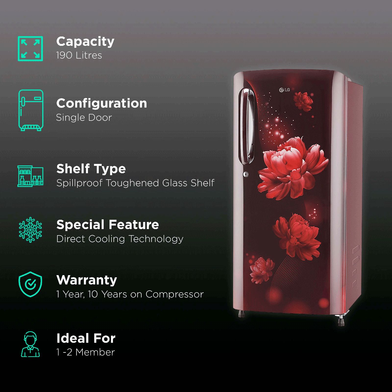 LG 190 Litres 3 Star Direct Cool Single Door Refrigerator with Stabilizer Free Operation (GL-B201ASCD.ASCZEB, Scarlet Charm) LG 190 Litres 3 Star Direct Cool Single Door Refrigerator with Stabilizer Free Operation (GL-B201ASCD.ASCZEB, Scarlet Charm)_2
