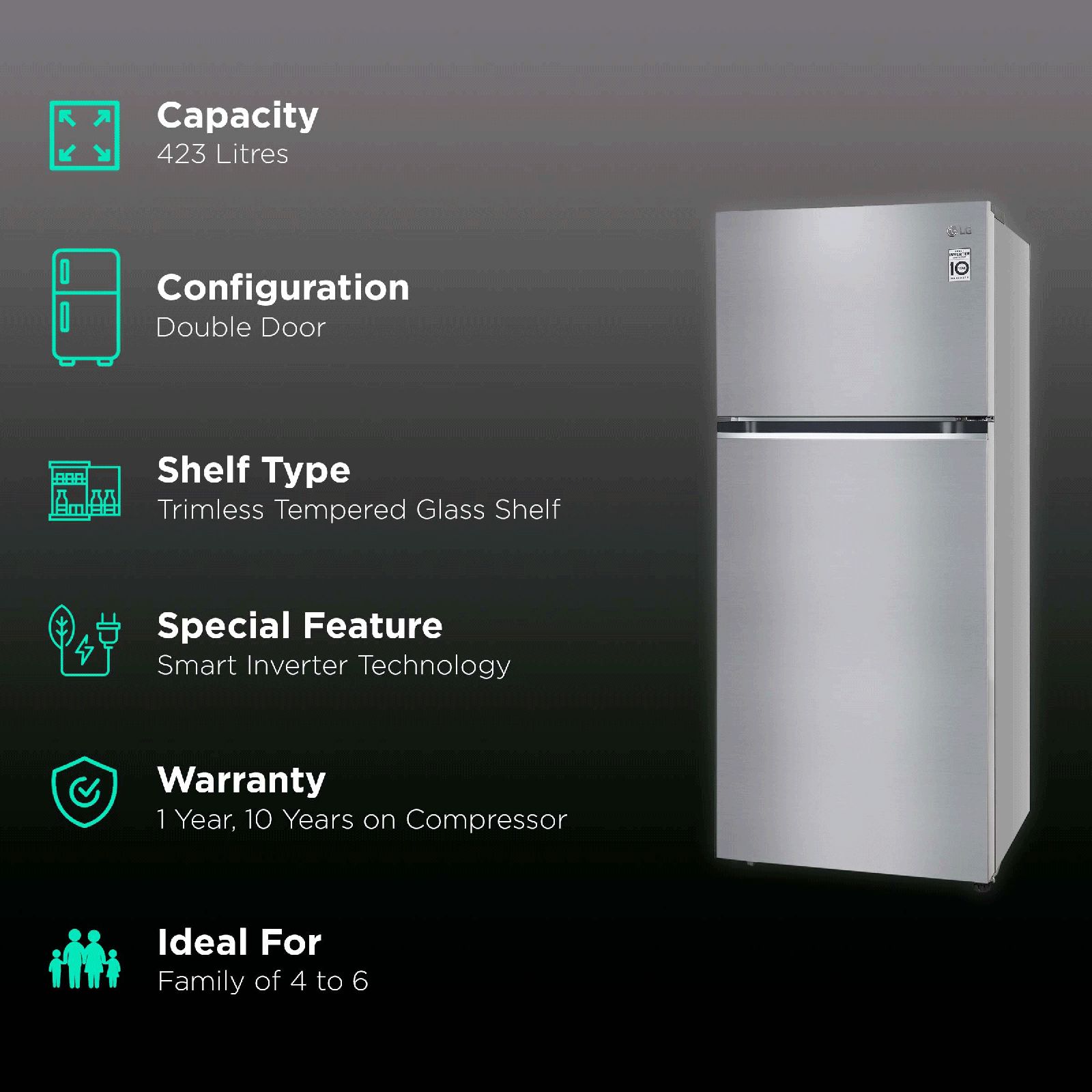 LG 423 Litres 2 Star Frost Free Double Door Refrigerator with Anti-Bacterial Gasket (GL-N422SDSY.DDSZEB, Dazzle Steel) LG 423 Litres 2 Star Frost Free Double Door Refrigerator with Anti-Bacterial Gasket (GL-N422SDSY.DDSZEB, Dazzle Steel)_2